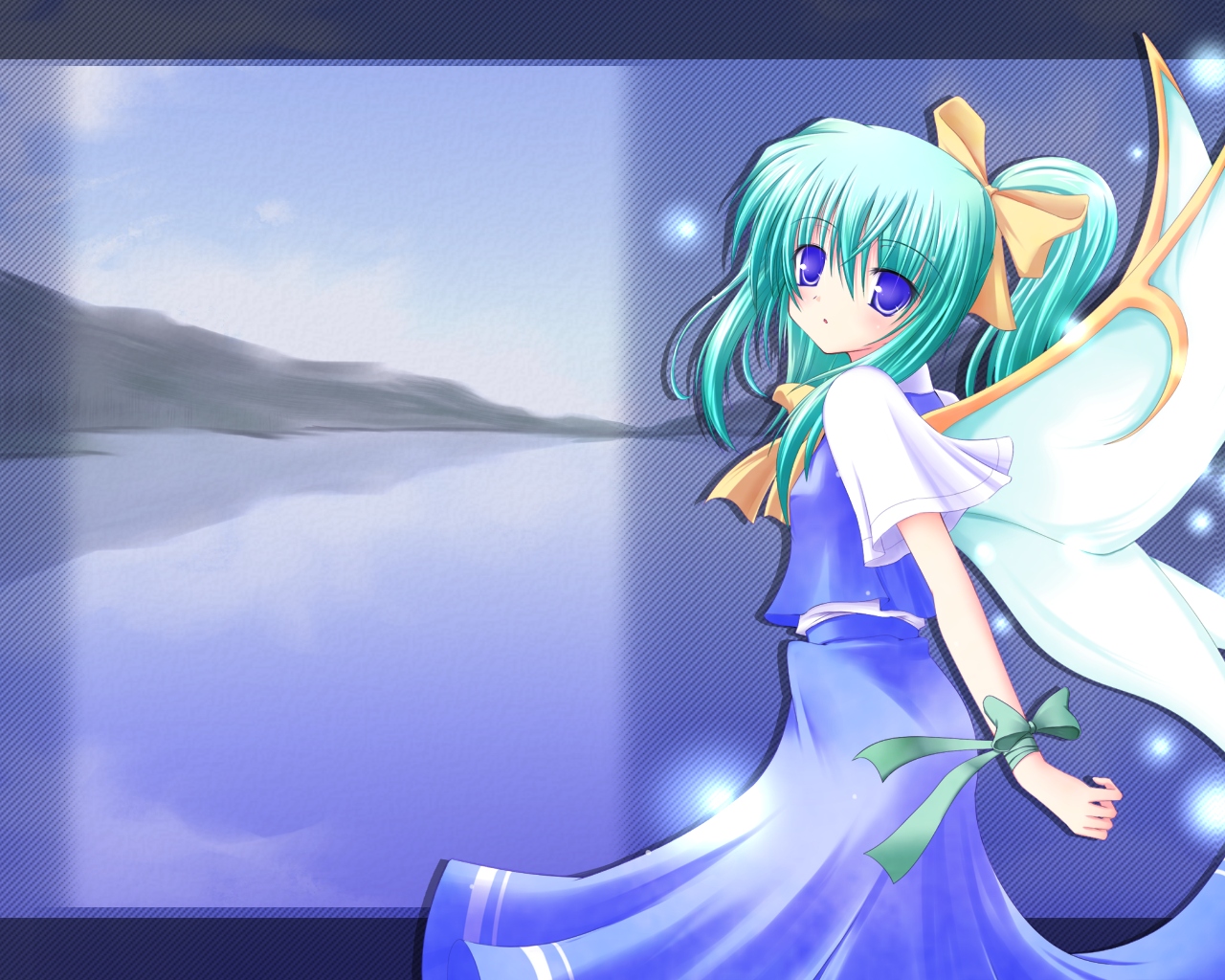 shirotsuki kouta, daiyousei, embodiment of scarlet devil, touhou, 1girl, blue dress, blue eyes, bow, dress, female focus, green hair, hair bow, lake, neck ribbon, ribbon, side ponytail, solo, wings, wrist ribbon