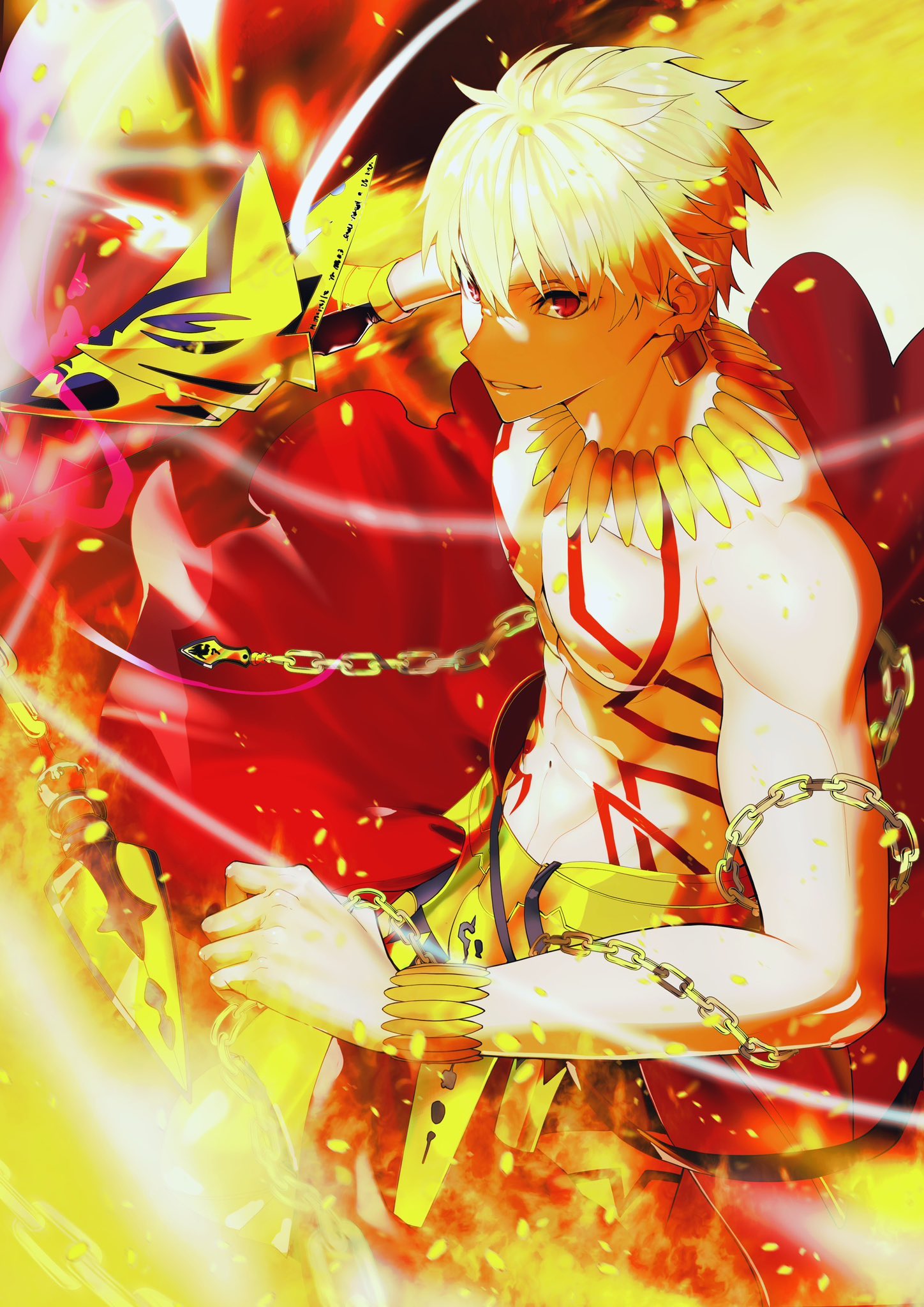 ea (fate), gilgamesh (fate), fate (series), highres, 1boy, armor, blonde hair, body markings, bracelet, cape, chain, cowboy shot, earrings, enkidu (weapon) (fate), faulds, fighting stance, fire, gold armor, gold bracelet, gold chain, gold earrings, gold necklace, goryu hant, holding, holding weapon, jewelry, male focus, necklace, red cape, red eyes, short hair, solo, sparks, topless male, weapon