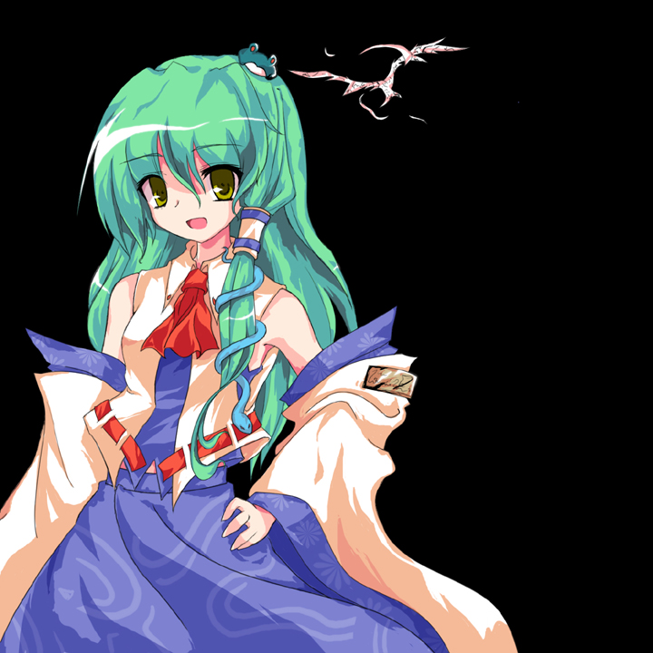 auer, kochiya sanae, touhou, bad id, bad pixiv id, 1girl, alphes (style), detached sleeves, female focus, green hair, japanese clothes, long hair, miko, parody, solo, style parody