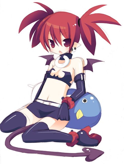 sazaki ichiri, etna (disgaea), disgaea, makai senki disgaea, nippon ichi, 00s, 1girl, belt, black skirt, black thighhighs, collarbone, female focus, looking at viewer, midriff, miniskirt, navel, pointy ears, red eyes, red hair, simple background, sitting, skirt, solo, spiked hair, stomach, strapless, thighhighs, tube top, wariza, white background, zettai ryouiki