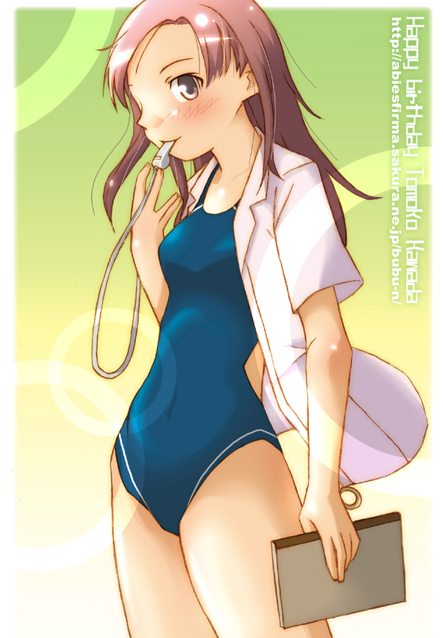 nyazui, kawada tomoko, kimi kiss, no pants, one-piece swimsuit, open clothes, open shirt, school swimsuit, shirt, solo, swimsuit, swimsuit under clothes, teacher, whistle