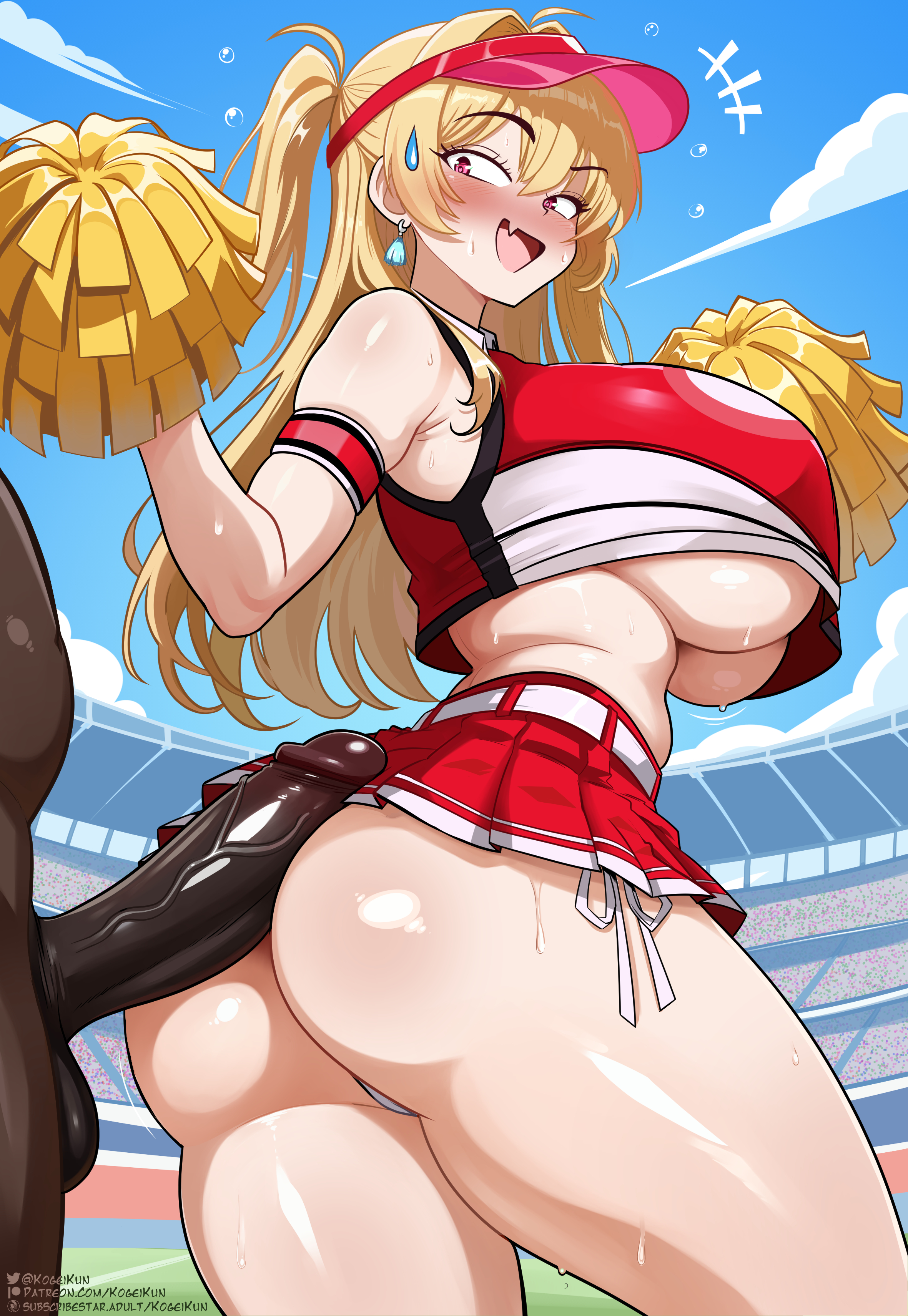 kogeikun, clay (nikke), goddess of victory: nikke, absurdres, highres, 1boy, 1girl, ass, blonde hair, blush, breasts, cheerleader, clothed female nude male, dark-skinned male, dark skin, earrings, huge breasts, huge penis, imminent penetration, interracial, jewelry, nude, open mouth, penis, piercing, pom pom (cheerleading), pom pom (clothes), red eyes, sweat, testicles, veins, veiny penis