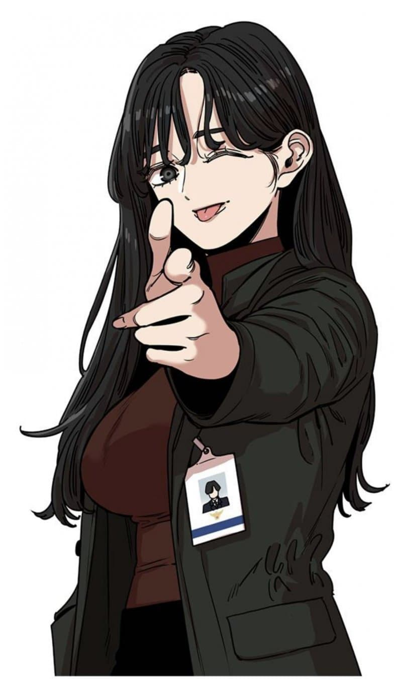 seo hee-joo, beautiful gunbari, highres, non-web source, 1girl, aiming, aiming at viewer, black hair, black shirt, looking at viewer, name tag, one eye closed, pointing, pointing at viewer, shirt, tongue, tongue out, turtleneck, white background, yoon sungwon