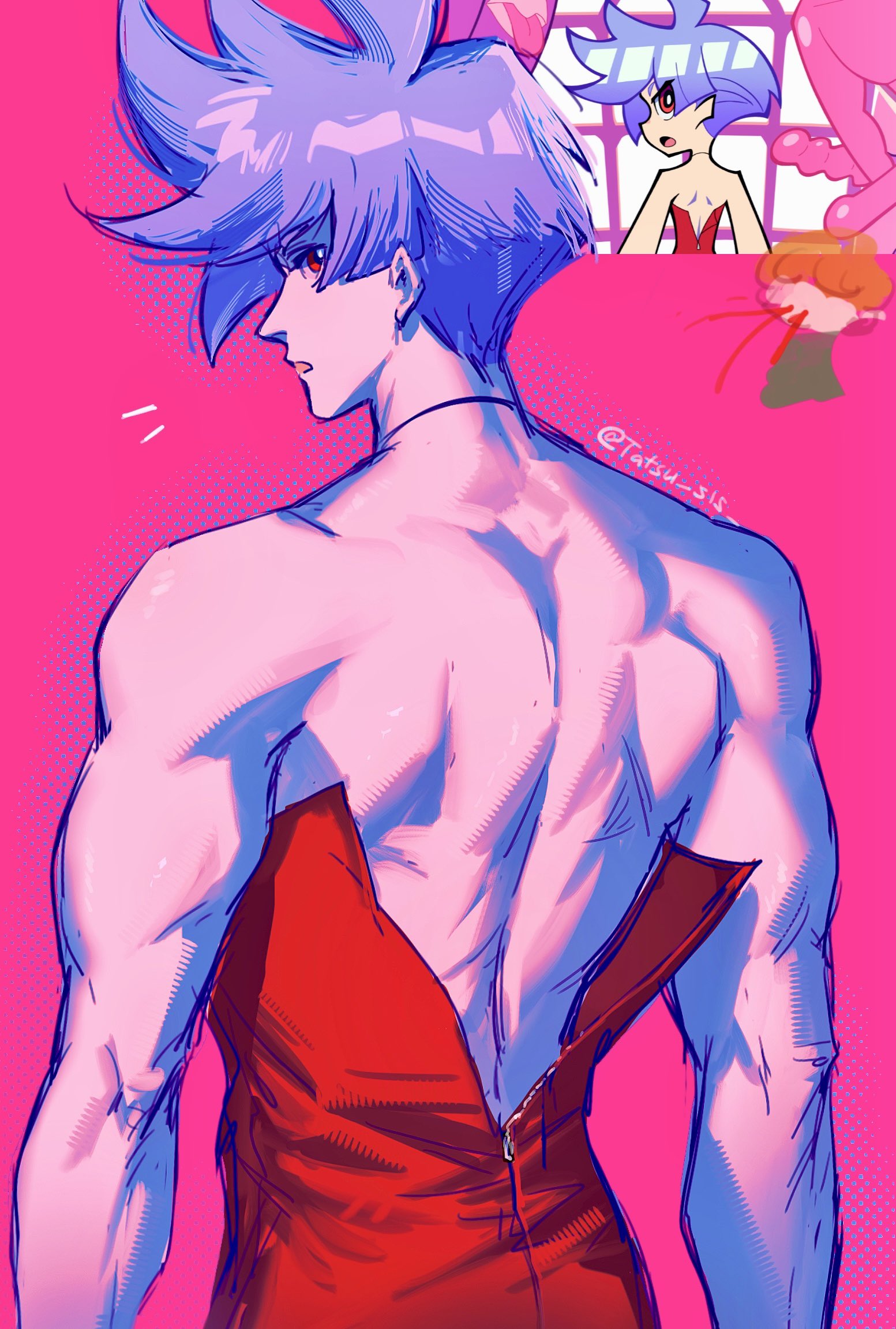 tatsu (tatsumccree), brief (psg), polyester (psg), panty & stocking with garterbelt, derivative work, highres, screenshot redraw, bare back, bare shoulders, crossdressing, crossdressing (mtf), dress, girly boy, male focus, muscular, muscular male, official alternate costume, red dress, red eyes