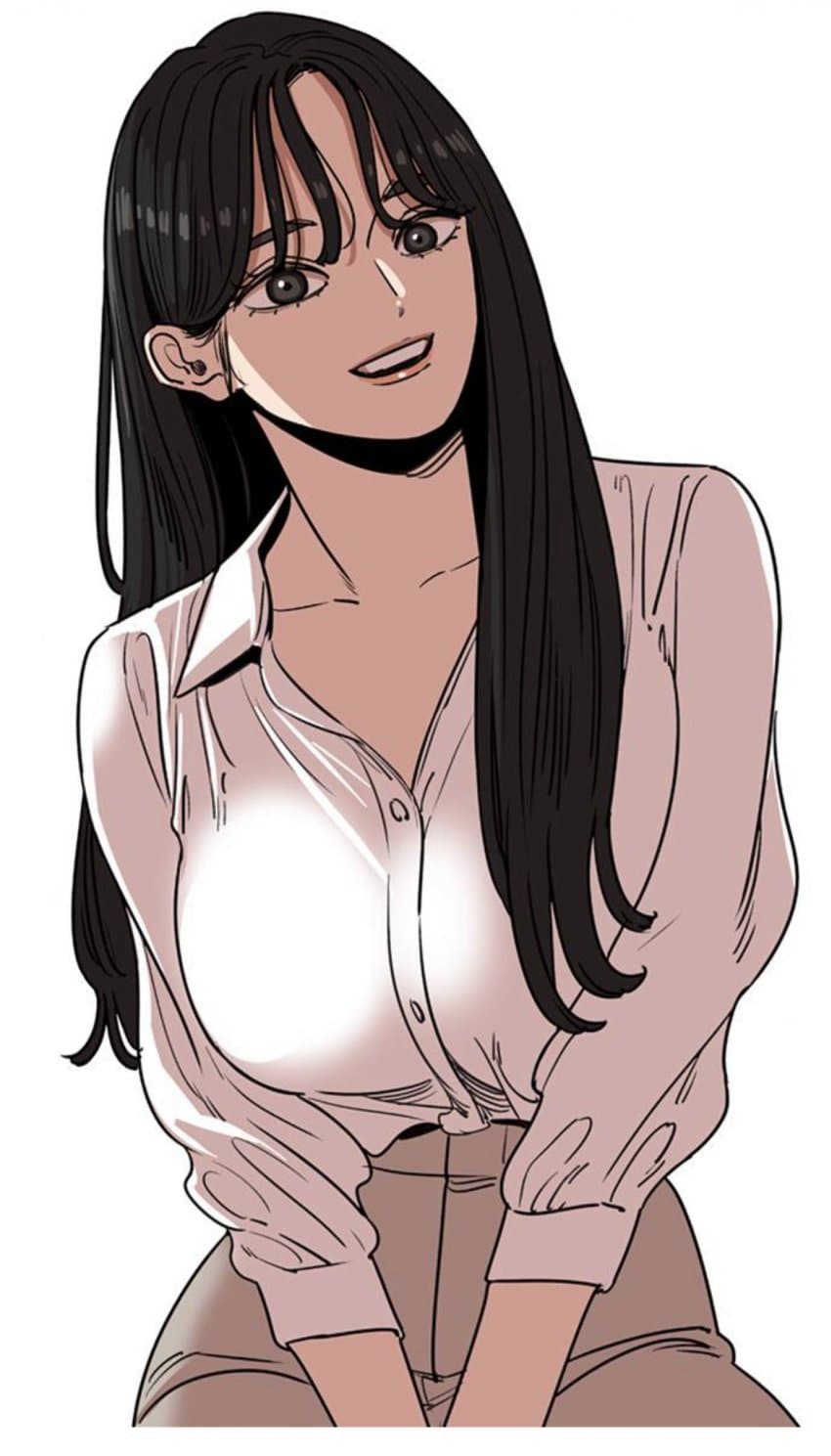 seo hee-joo, beautiful gunbari, highres, non-web source, 1girl, black hair, hair between eyes, long hair, looking at viewer, shirt, white background, white shirt, yoon sungwon