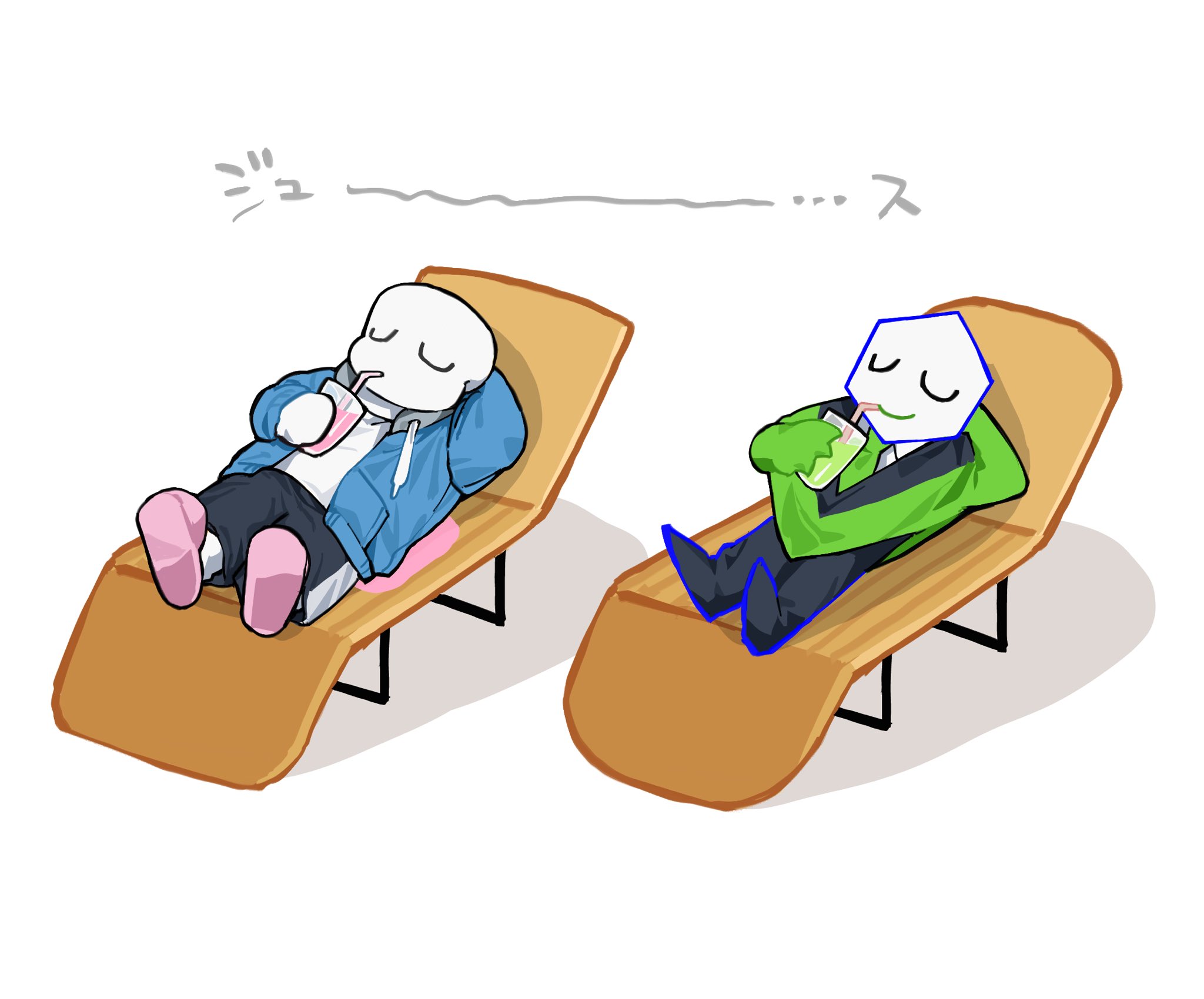 sans (undertale), deltarune, utdr (toby fox), highres, 2boys, arm behind head, beach chair, black pants, black shorts, blue jacket, closed eyes, cup, drinking, drinking straw, drinking straw in mouth, full body, green pippins, green poncho, holding, holding cup, jacket, lying, multiple boys, on back, open clothes, open jacket, p ch3c00h, pants, pink slippers, shirt, shorts, slippers, smile, white background, white shirt