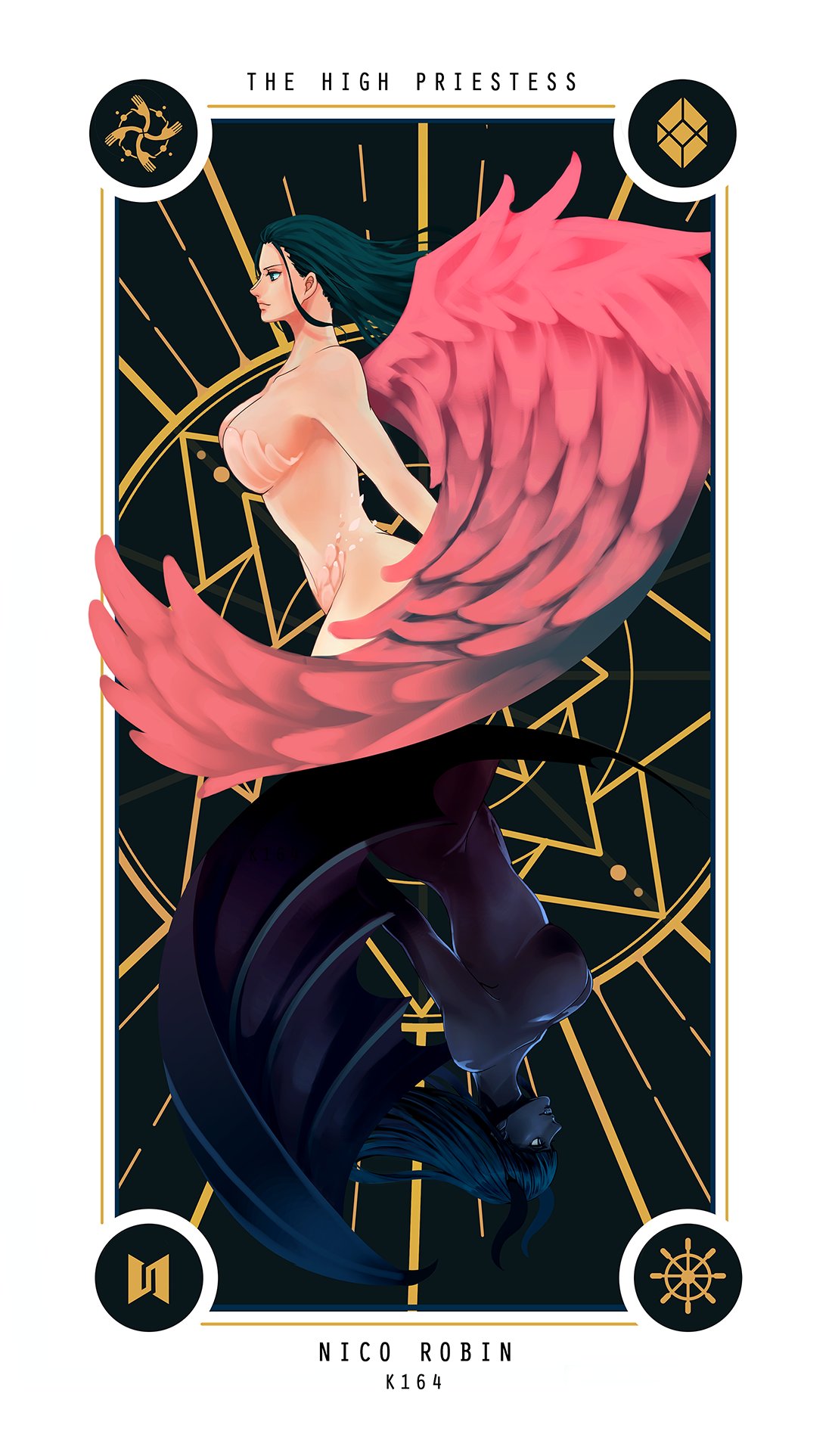 k164, demonio fleur, nico robin, one piece, commentary, highres, symbol-only commentary, 1girl, artist name, black hair, black skin, black wings, card, character name, closed mouth, colored skin, horns, long hair, looking ahead, pink wings, profile, tarot, tarot card, wings