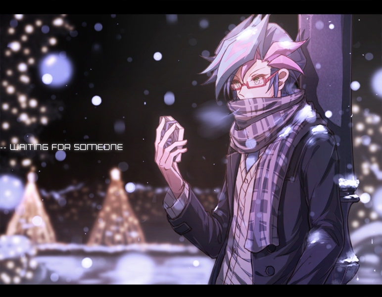 cang (iphis233), fujiki yusaku, yu-gi-oh!, yu-gi-oh! vrains, 1boy, against object, black coat, black hair, black sky, blue necktie, blurry, blurry background, breath, brown sweater vest, christmas, christmas tree, coat, colored bangs, covered mouth, english text, facing to the side, gift, gift wrapping, glass, green eyes, hand in pocket, hand up, holding, holding gift, letterboxed, light particles, looking at object, male focus, necktie, night, night sky, open clothes, open coat, outdoors, pole, purple scarf, red-framed eyewear, scarf, semi-rimless eyewear, sky, snow, snowflakes, snowing, spiked hair, striped clothes, striped scarf, sweater vest, tree, under-rim eyewear, upper body, utility pole