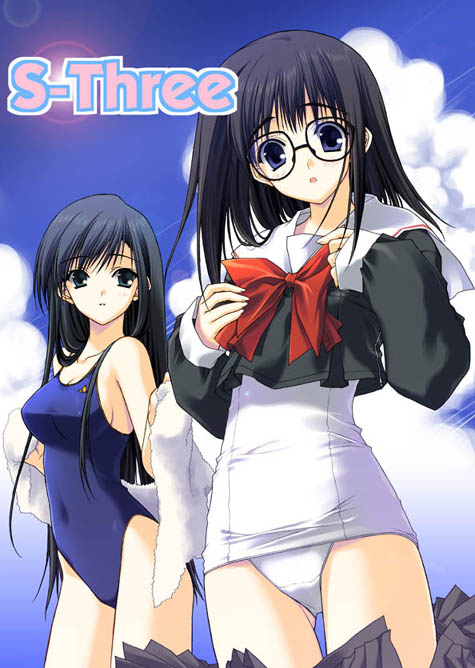 suzuhira hiro, kurihara touko, sakaki shinobu, tenshi no inai 12-gatsu, 2girls, black hair, cloud, day, glasses, multiple girls, no pants, one-piece swimsuit, outdoors, school swimsuit, school uniform, serafuku, sky, swimsuit, swimsuit under clothes, white one-piece swimsuit, white school swimsuit