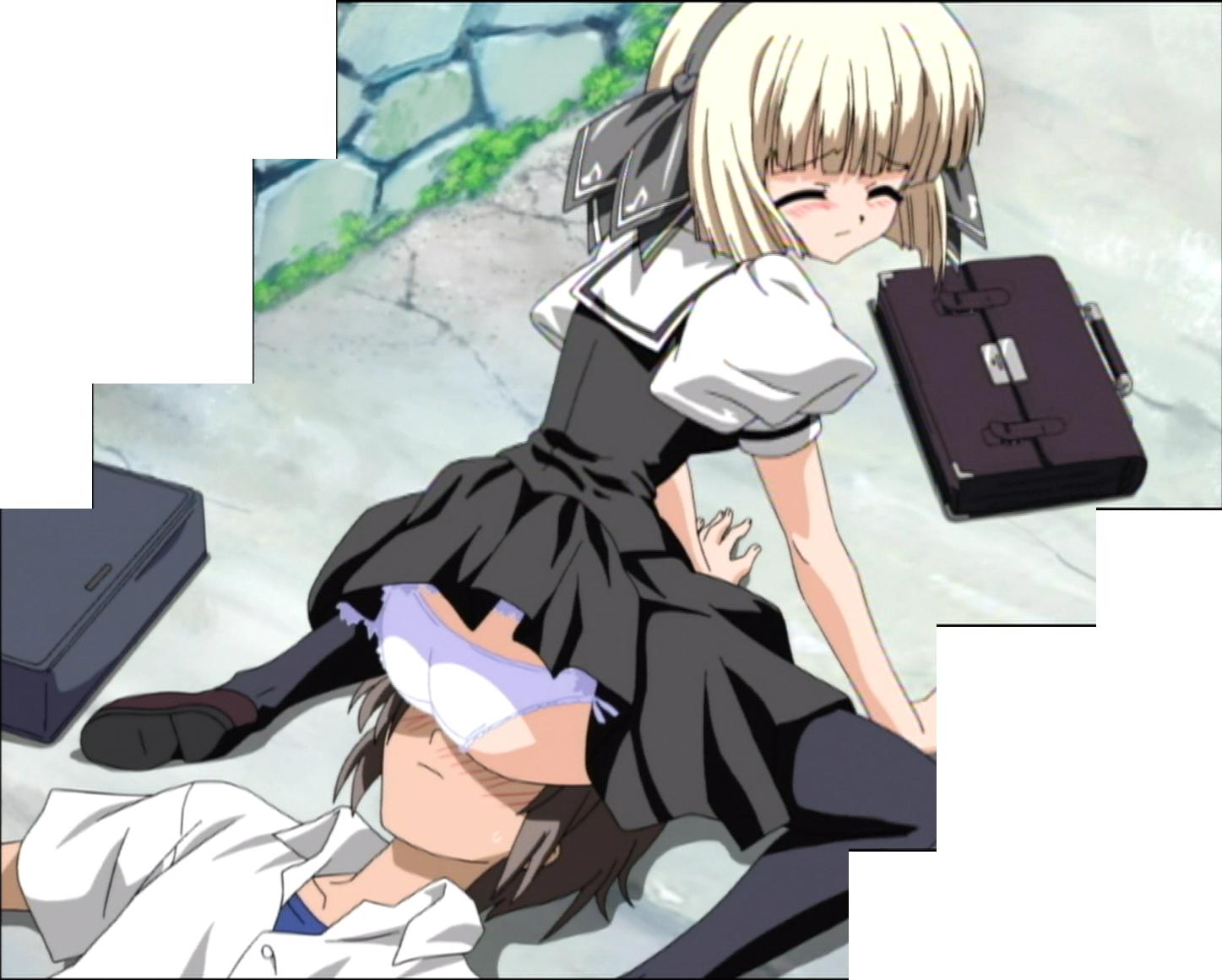 hirose takuma, otoha (h2o), h2o footprints in the sand, anime screenshot, stitched, third-party edit, 00s, 1boy, 1girl, ass, bag, blonde hair, blush, panties, school bag, school uniform, serafuku, short hair, sitting, sitting on face, sitting on person, thighhighs, underwear