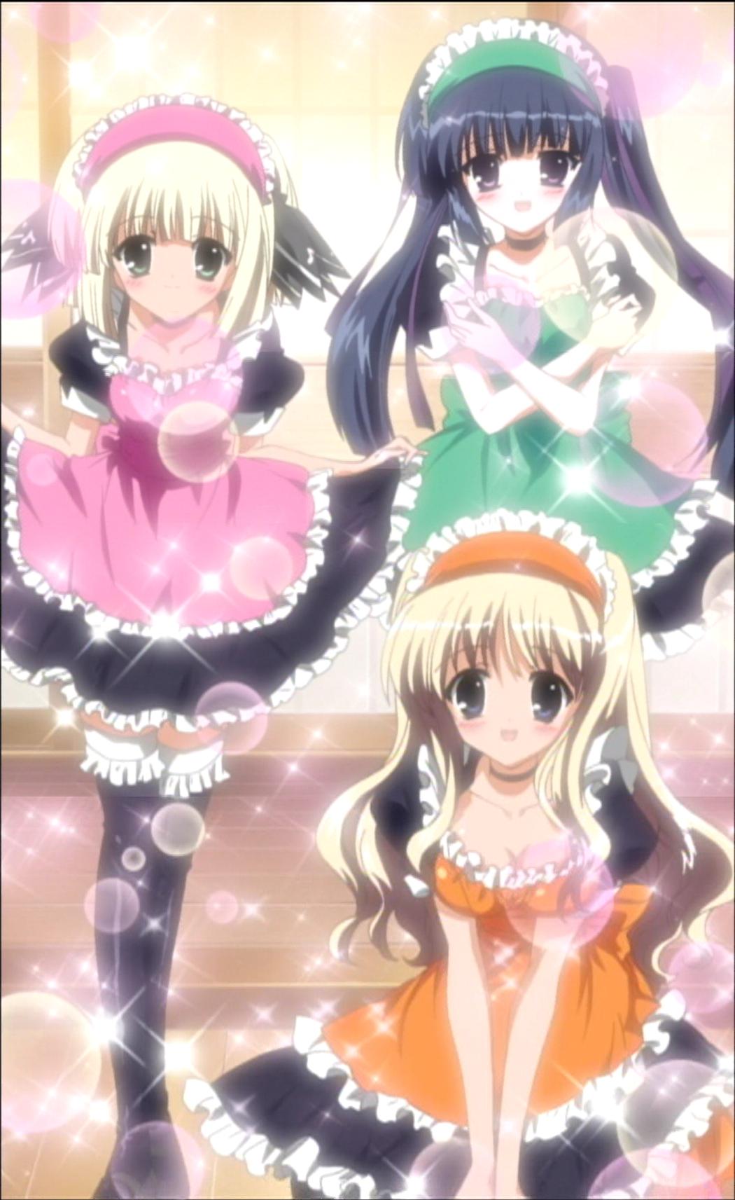 kagura hinata, kohinata hayami, otoha (h2o), h2o footprints in the sand, anime screenshot, highres, stitched, third-party edit, 00s, 3girls, blush, frills, indoors, maid, multiple girls, thighhighs