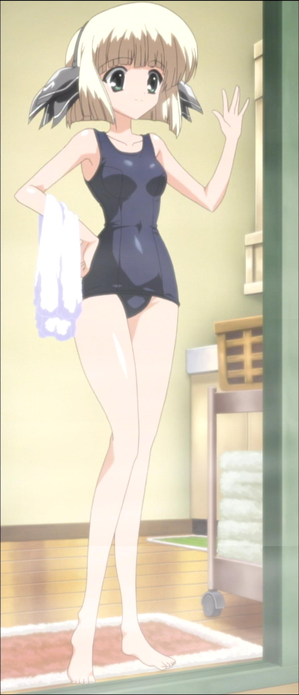 otoha (h2o), h2o footprints in the sand, absurdres, anime screenshot, highres, stitched, third-party edit, 00s, 1girl, blonde hair, female focus, indoors, one-piece swimsuit, school swimsuit, short hair, solo, swimsuit, towel