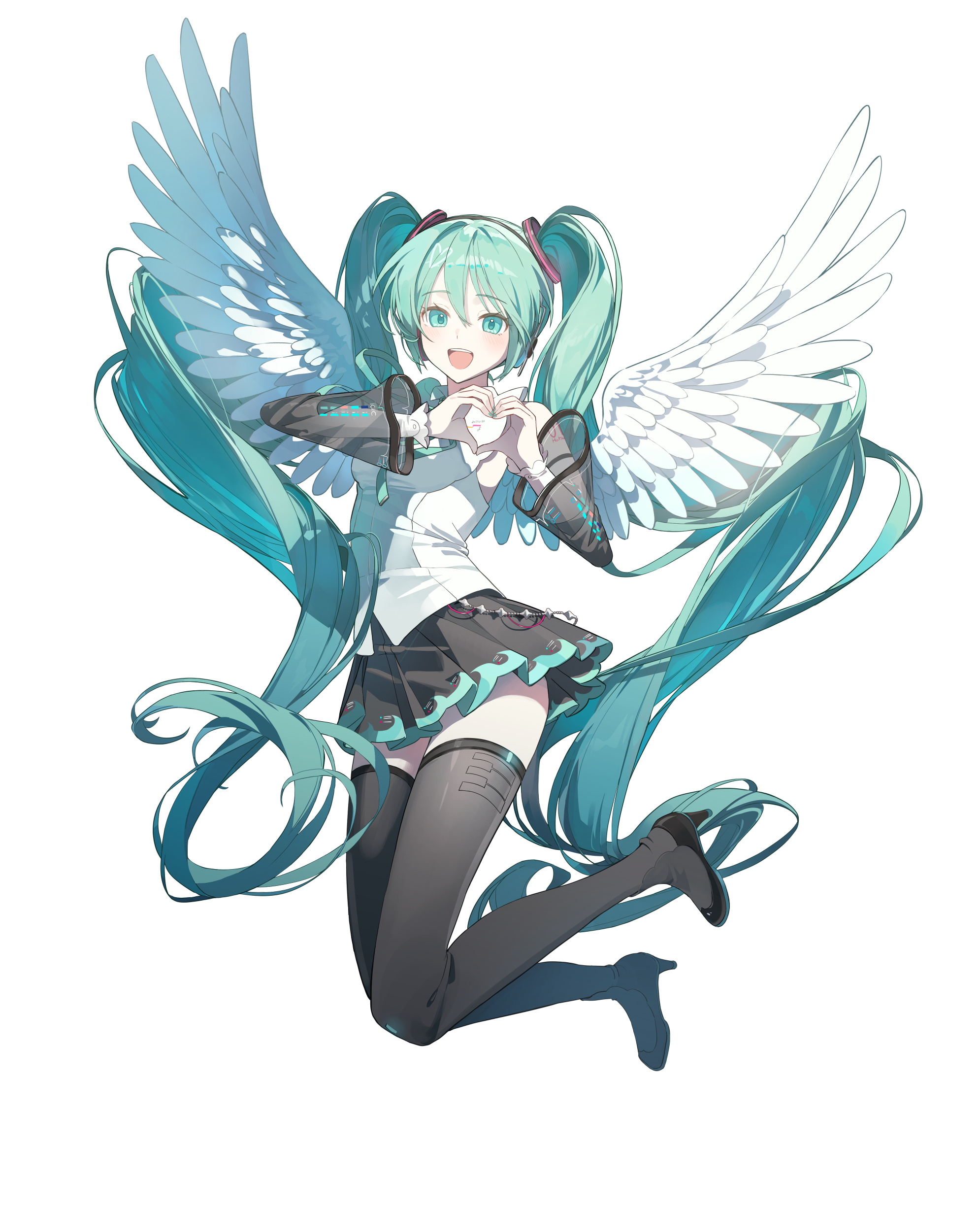 nun nu, hatsune miku, vocaloid, absurdres, highres, 1girl, aqua hair, feathered wings, heart, heart hands, jumping, long hair, solo, thighhighs, very long hair, wings