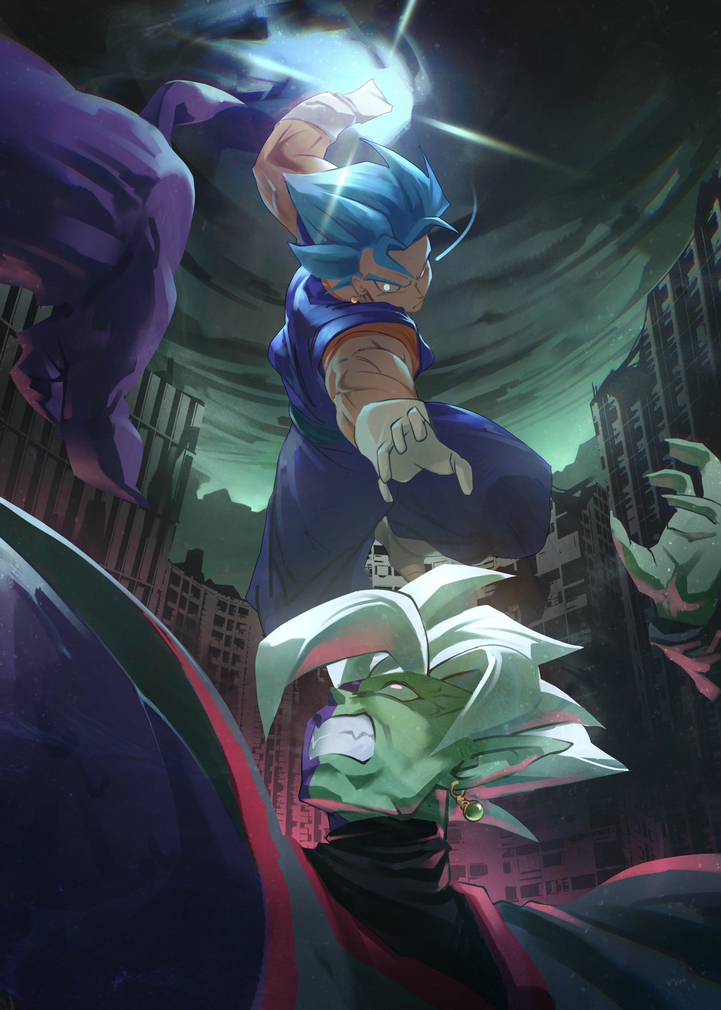 fused zamasu, vegetto, dragon ball, dragon ball super, highres, 2boys, aura, blue hair, blue pants, blue shirt, boots, clenched hand, colored skin, dougi, earrings, gloves, green skin, incoming attack, incoming punch, jewelry, male focus, midair, multicolored skin, multiple boys, muscular, muscular male, orange pants, pants, potara earrings, punching, purple skin, shirt, spiked hair, super saiyan, super saiyan blue, terminal 000, two-tone skin, white boots, white gloves, white hair