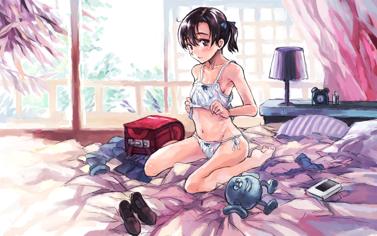 kno1, bad id, bad pixiv id, 1girl, alarm clock, backpack, bag, barefoot, bed, bed sheet, blush, brown hair, camisole, clock, curtains, day, female focus, flat chest, indoors, kneeling, lamp, looking at viewer, navel, on bed, panties, pillow, ponytail, randoseru, red eyes, shirt, shoes, short hair, side-tie panties, sitting, solo, sunlight, twintails, underwear, unworn backpack, unworn bag, unworn shirt, unworn shoes, wariza, white panties, window