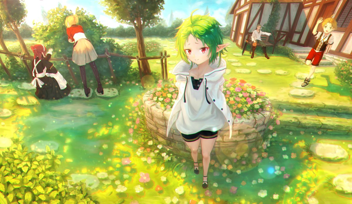 lillia greyrat, paul greyrat, rudeus greyrat, sylphiette (mushoku tensei), zenith greyrat, mushoku tensei, 2boys, 3girls, backyard, blue sky, bush, day, elf, flower, garden, green hair, hand up, looking at viewer, multiple boys, multiple girls, pointy ears, red eyes, sky, suikagcy, tree