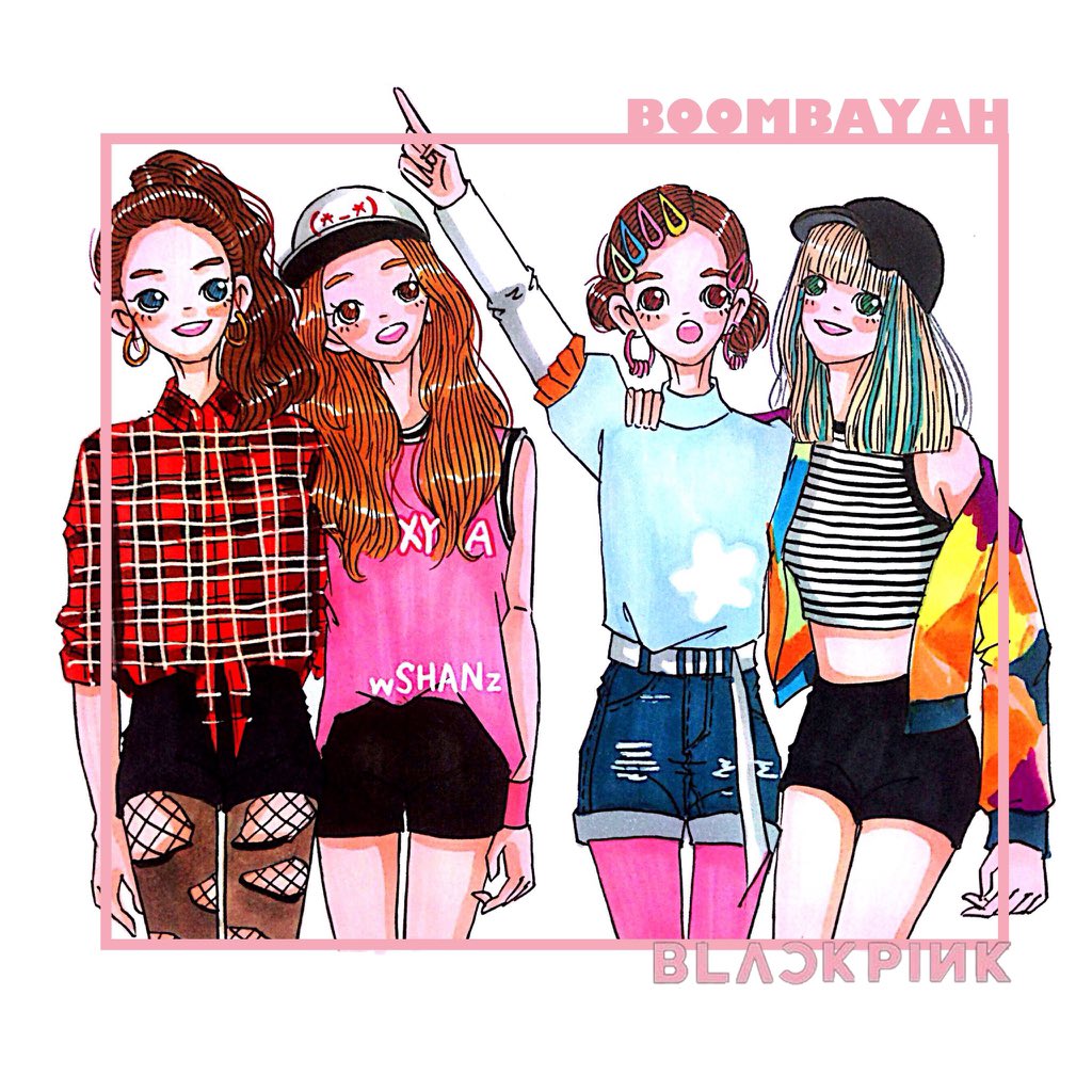 wshanshanz, jennie (blackpink), jisoo (blackpink), lisa (blackpink), rose (blackpink), blackpink, real life, hashtag-only commentary, 4girls, arm up, blonde hair, blue eyes, brown hair, earrings, fishnet pantyhose, fishnets, green eyes, group name, hat, jewelry, medium hair, multiple girls, orange hair, pantyhose, pink pantyhose, sash, shorts, sleeveless, song name