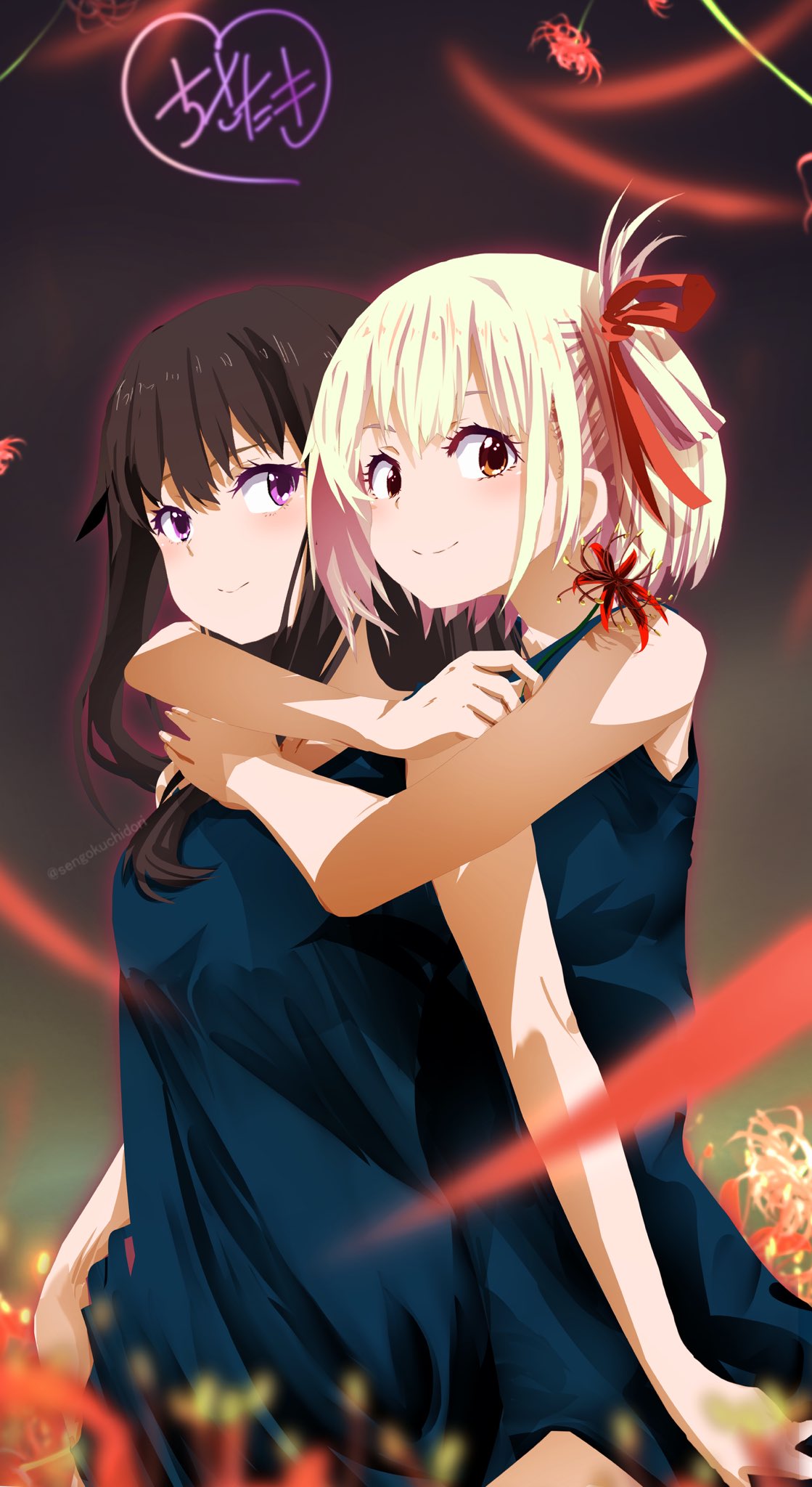 sengoku chidori, inoue takina, nishikigi chisato, lycoris recoil, highres, 2girls, black dress, black hair, blonde hair, cowboy shot, dress, heart, hug, hug from behind, medium hair, multiple girls, short hair, yuri