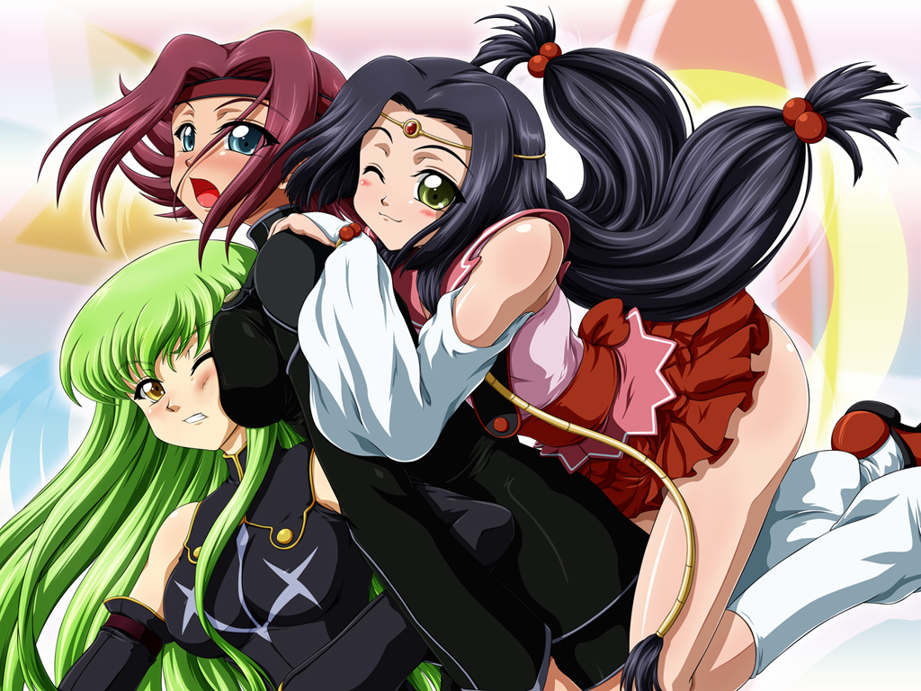 tanan, c.c., kouzuki kallen, sumeragi kaguya, code geass, 00s, 3girls, ass, bare shoulders, black hair, blue eyes, blush, breast press, breasts, detached sleeves, green eyes, green hair, headband, kneehighs, large breasts, long hair, multiple girls, one eye closed, order of the black knights uniform, red hair, short hair, skirt, socks, wink, yellow eyes