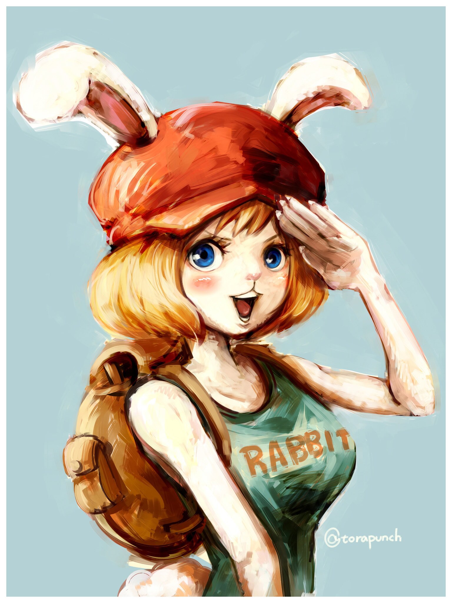torapunch, carrot (one piece), one piece, commentary request, highres, 1girl, animal ears, bag, blonde hair, blue background, blue eyes, blue tank top, blush, eyelashes, hat, rabbit ears, rabbit girl, salute, short hair, shoulder bag, tank top, twitter username, upper body