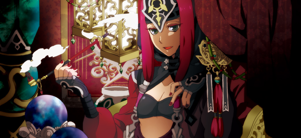 sena (mineruba), sena (pixiv), 1girl, female focus, fingernails, gloves, green eyes, headband, holding, holding smoking pipe, kiseru, long hair, nail (hardware), red hair, smoking, smoking pipe, solo, twintails