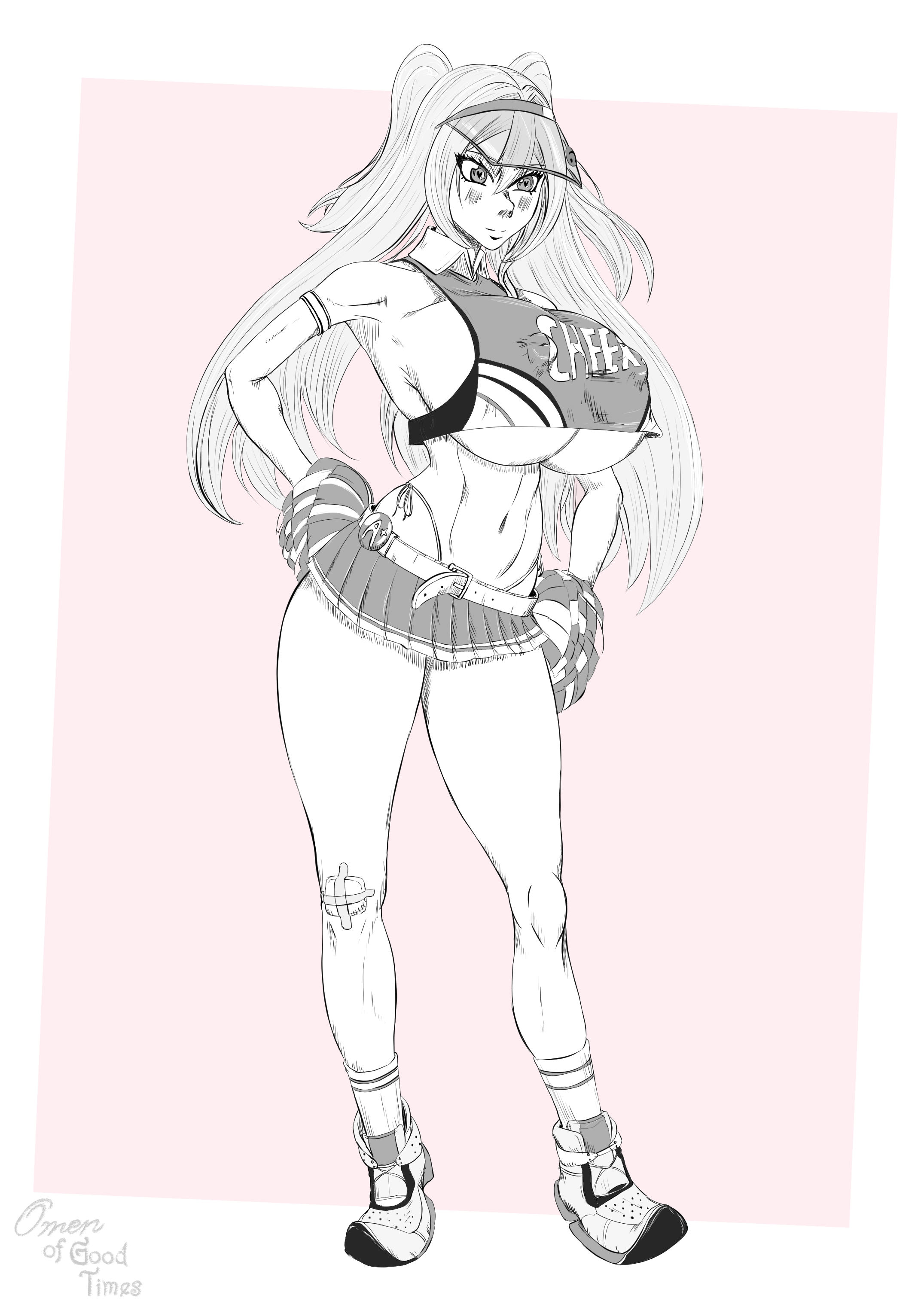 clay (nikke), goddess of victory: nikke, absurdres, highres, non-web source, 1girl, breasts, cheerleader, covered erect nipples, greyscale with colored background, large breasts, miniskirt, nipples, pom pom (cheerleading), skirt, solo, tank top, thighs, thong