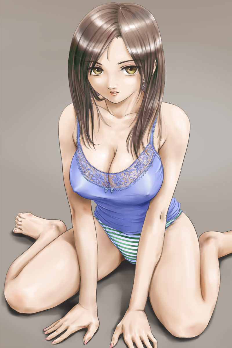rasukaru, toe-point, highres, 1girl, barefoot, breasts, brown hair, cleavage, covered erect nipples, earrings, feet, female focus, jewelry, large breasts, long hair, looking at viewer, nail polish, panties, red nails, sitting, solo, striped clothes, striped panties, tank top, toes, underwear, yellow eyes