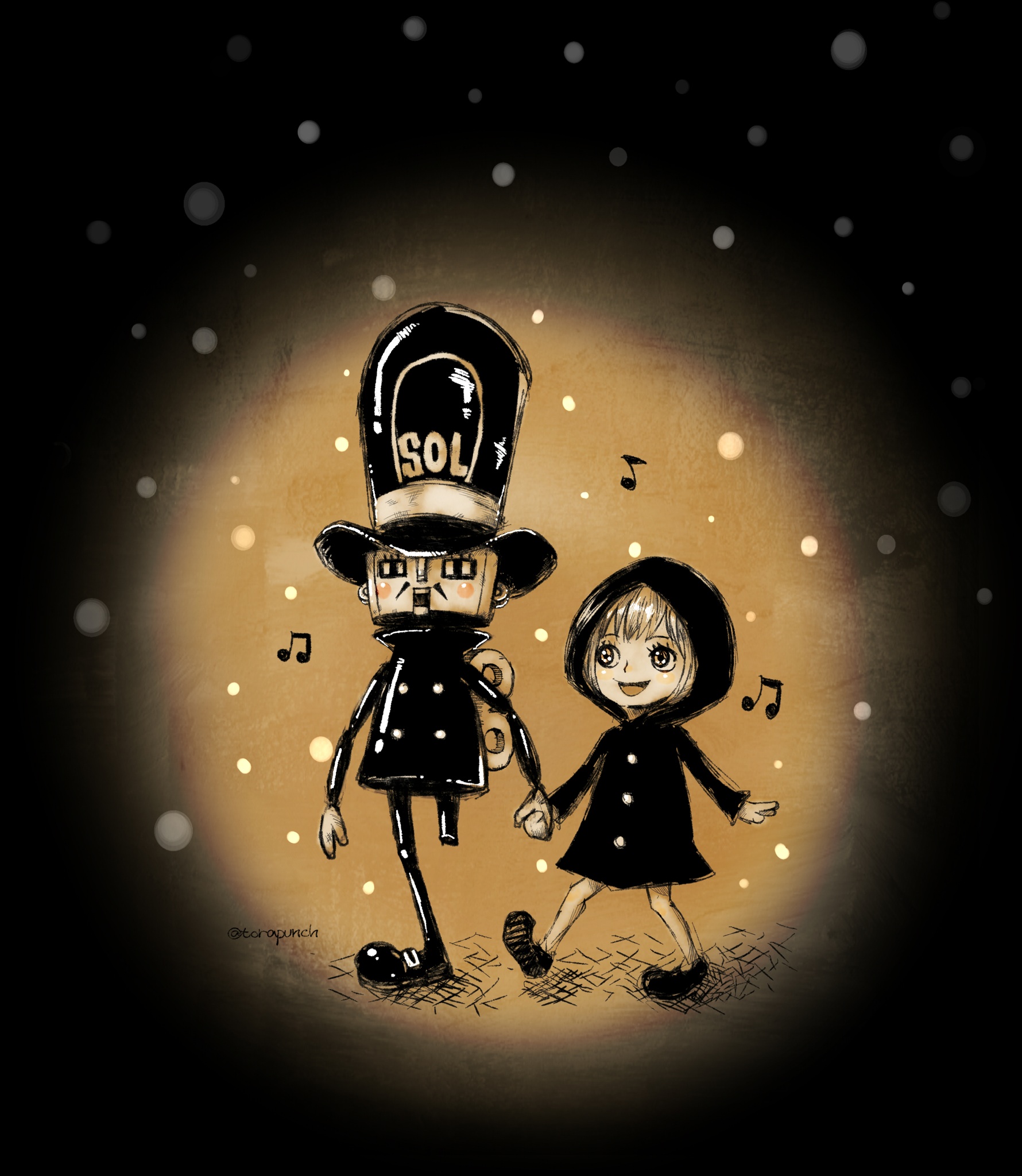 torapunch, kyros (one piece), rebecca (one piece), thunder soldier, one piece, commentary request, highres, 1boy, 1girl, father and daughter, hat, hood, hooded coat, musical note, short hair, smile, snowing, twitter username, walking