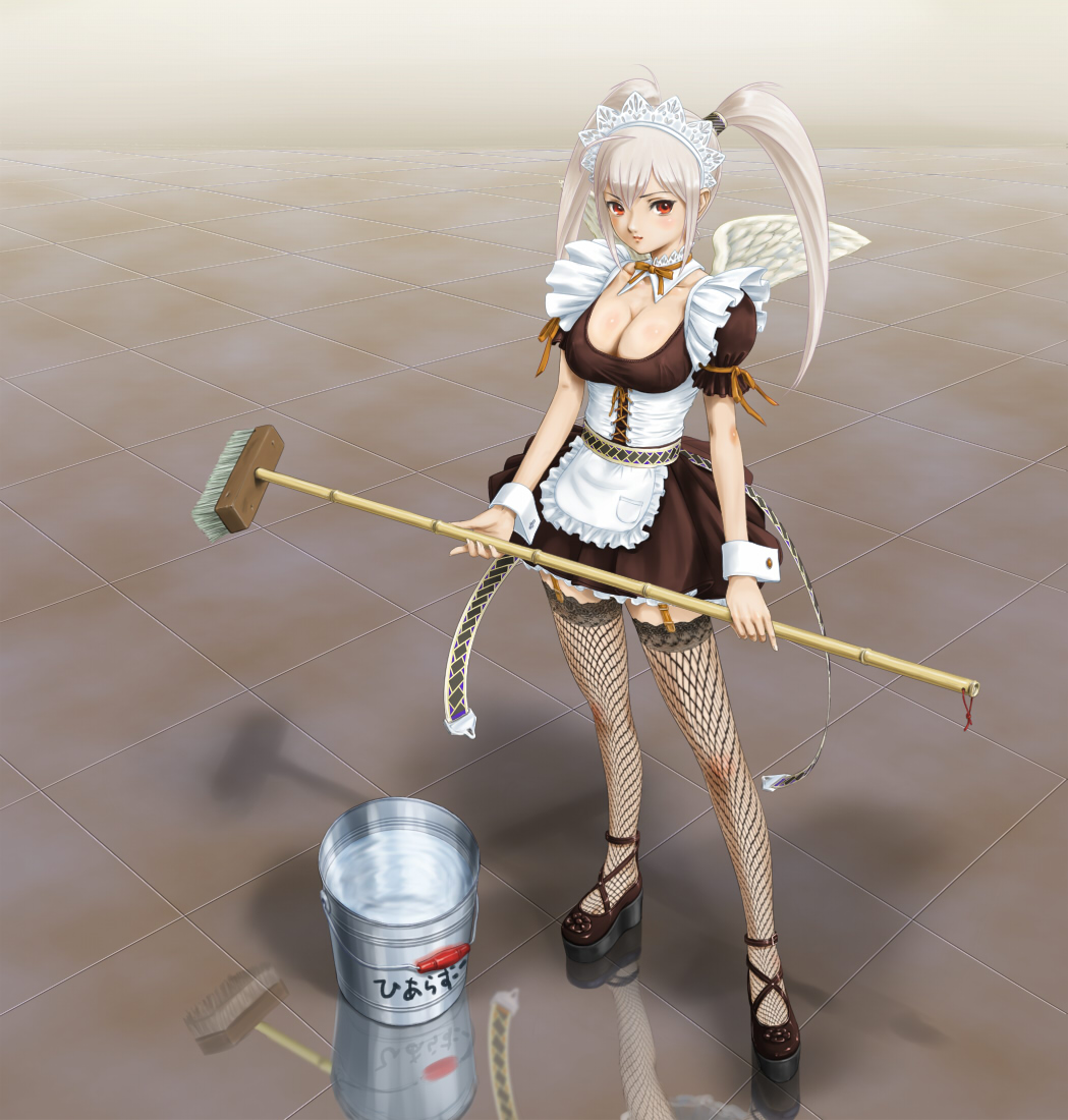 rasukaru, 1girl, albino, breasts, broom, bucket, bucket of water, cleavage, female focus, fishnets, garter belt, large breasts, maid, red eyes, solo, thighhighs, twintails, water, white hair, wings