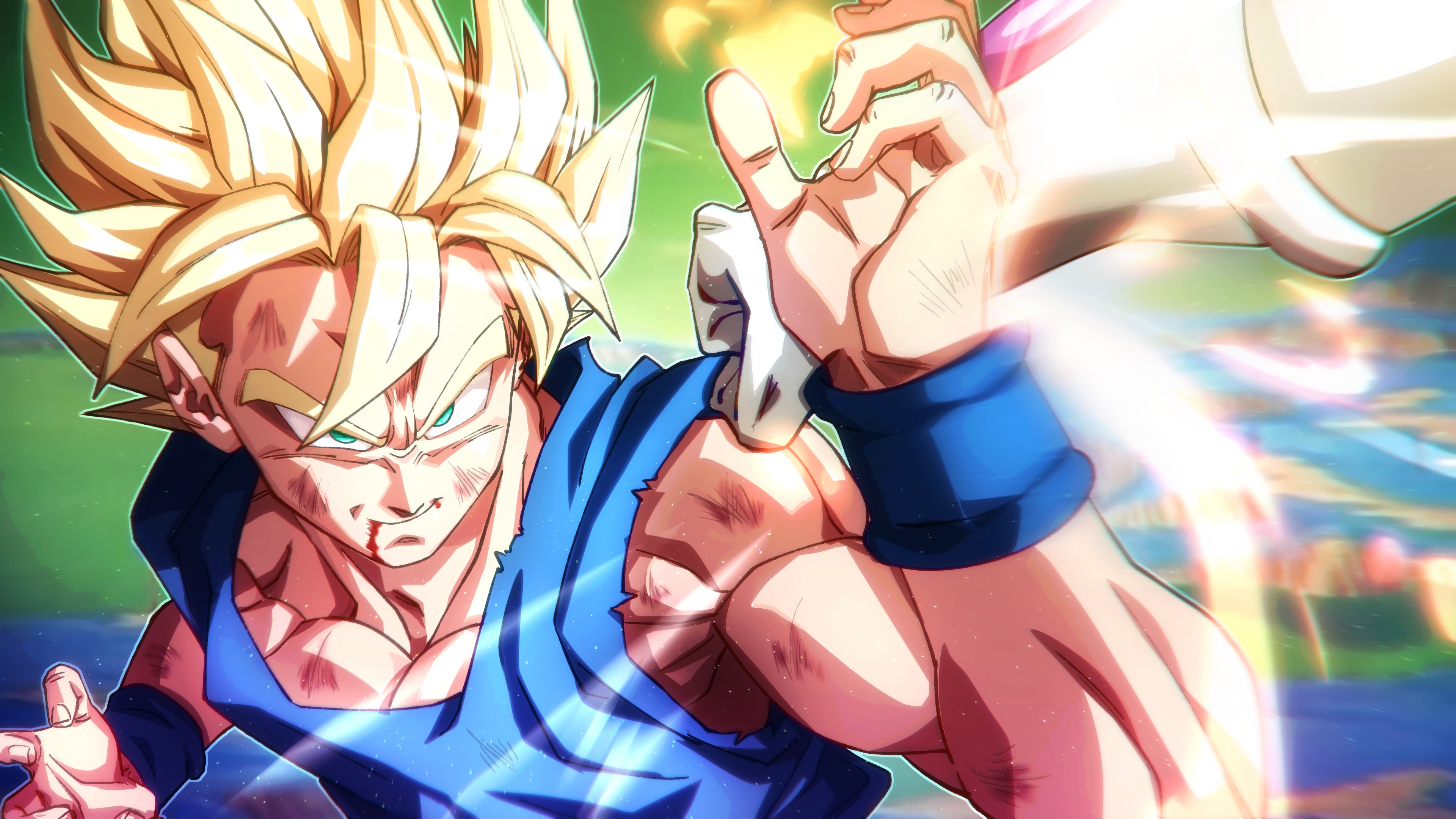 reksarts, son goku, dragon ball, dragonball z, absurdres, highres, 1boy, battle, battle damage, blonde hair, blue shirt, green eyes, medium hair, muscular, muscular male, namek, shirt, solo focus, spiked hair, upper body