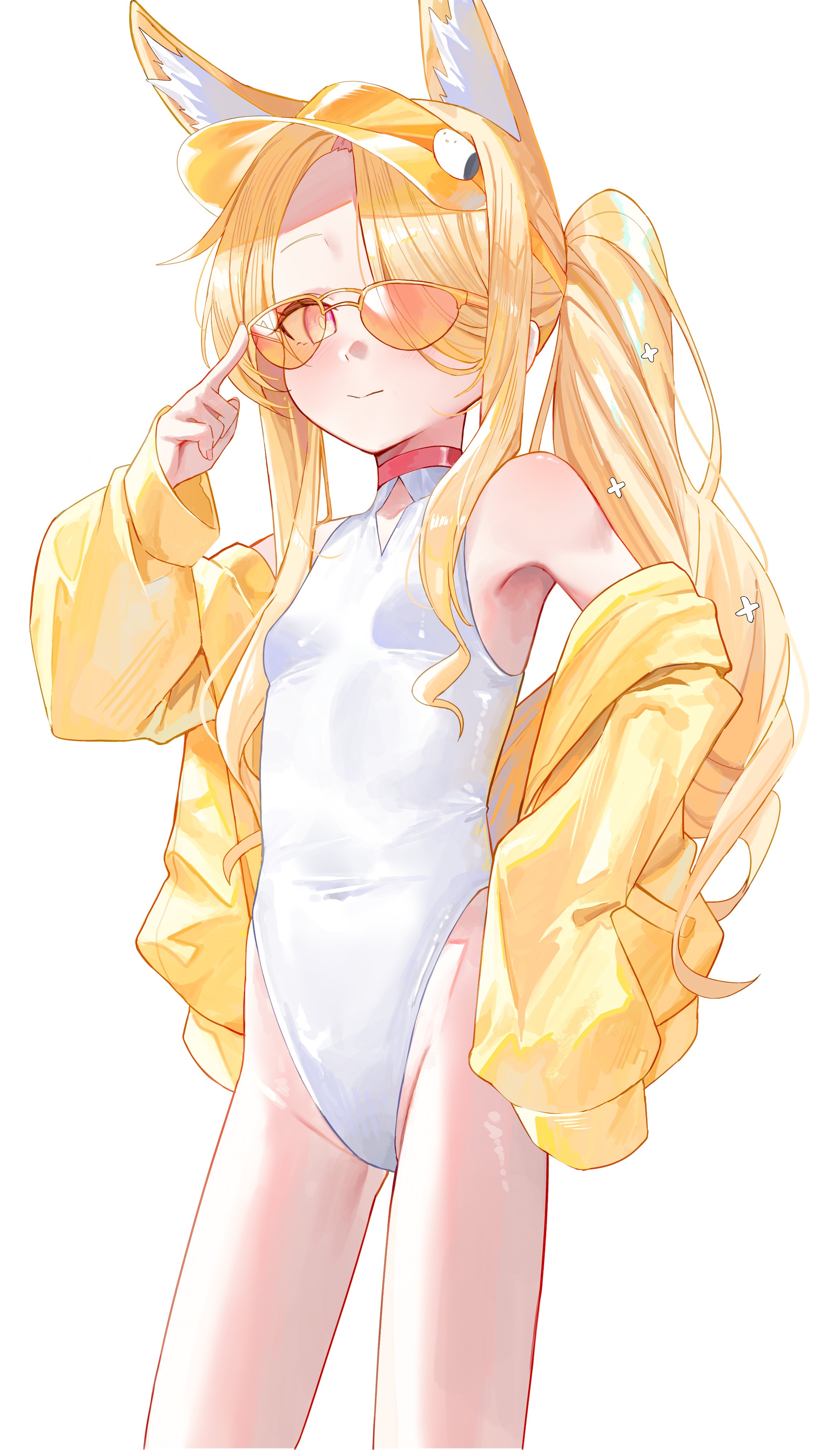 kaze 22, seia (blue archive), seia (swimsuit) (blue archive), blue archive, absurdres, commentary, hashtag-only commentary, highres, tagme, 1girl, blonde hair, breasts, closed mouth, highleg, highleg leotard, jacket, jacket partially removed, leotard, one-piece swimsuit, open clothes, open jacket, small breasts, sunglasses, swimsuit, thighhighs, yellow eyes
