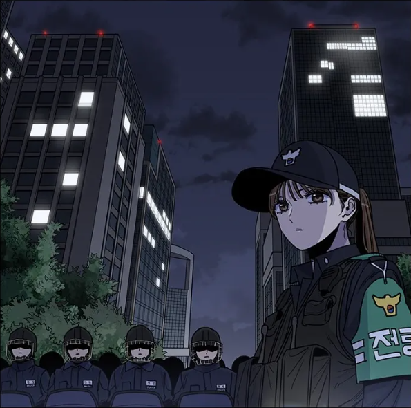 jung su-a, beautiful gunbari, non-web source, black hat, building, city, city lights, cityscape, cloud, hat, holding, holding shield, military, military uniform, night, night sky, police, police uniform, riot shield, shield, sky, yoon sungwon