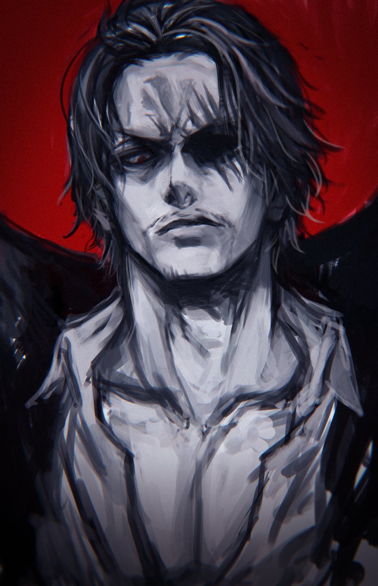 arisue kanako, shanks (one piece), one piece, highres, 1boy, beard, cape, closed mouth, facial hair, greyscale with colored background, looking down, male focus, red background, red eyes, scar, scar across eye, scar on face, short hair, simple background, solo, upper body