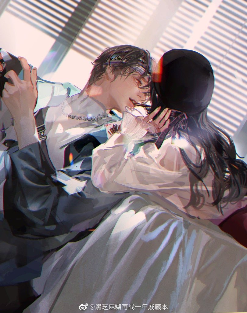 hei zhimahu, ayn alwyn, heroine (lovebrush chronicles), lovebrush chronicles, commentary, symbol-only commentary, 1boy, 1girl, beret, black hair, black hat, blue jacket, box, chain, chain necklace, dutch angle, facing away, fanny pack, feeding, food, food in mouth, frilled sleeves, frills, hair between eyes, handheld game console, hat, headband, holding, holding handheld game console, indoors, jacket, jewelry, long hair, long sleeves, looking at another, looking to the side, lying, necklace, on bed, on stomach, open clothes, open jacket, parted lips, pocky, pocky in mouth, realistic, red eyes, red skirt, shirt, short hair, sitting, skirt, sleeves past wrists, smile, turtleneck, turtleneck shirt, upper body, watermark, weibo watermark, white shirt, window blinds