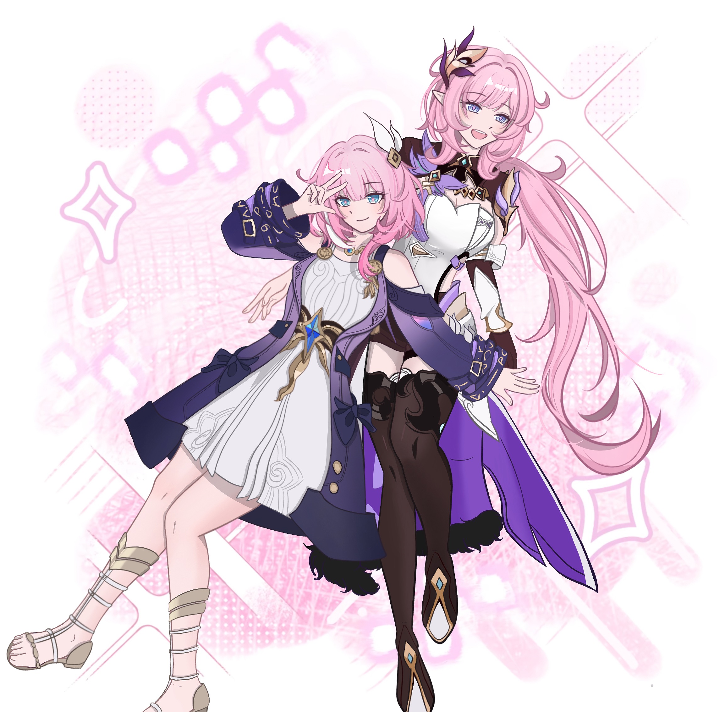 cyrene (honkai: star rail), elysia (honkai impact), elysia (miss pink elf) (honkai impact), inoue marina, honkai: star rail, honkai (series), honkai impact 3rd, chinese commentary, commentary request, highres, 2girls, black boots, black shorts, blue eyes, boots, breasts, cleavage, coat, company connection, corset, cyrene (aedes elysiae) (honkai: star rail), dress, elf, hair ornament, jewelry, large breasts, long hair, multicolored hair, multiple girls, necklace, open mouth, pointy ears, purple coat, sandals, short hair, short shorts, shorts, shrug (clothing), small breasts, smile, thighs, toes, two-tone hair, very long hair, voice actor connection, white corset, white dress, white hair, yanning, yuebing17241