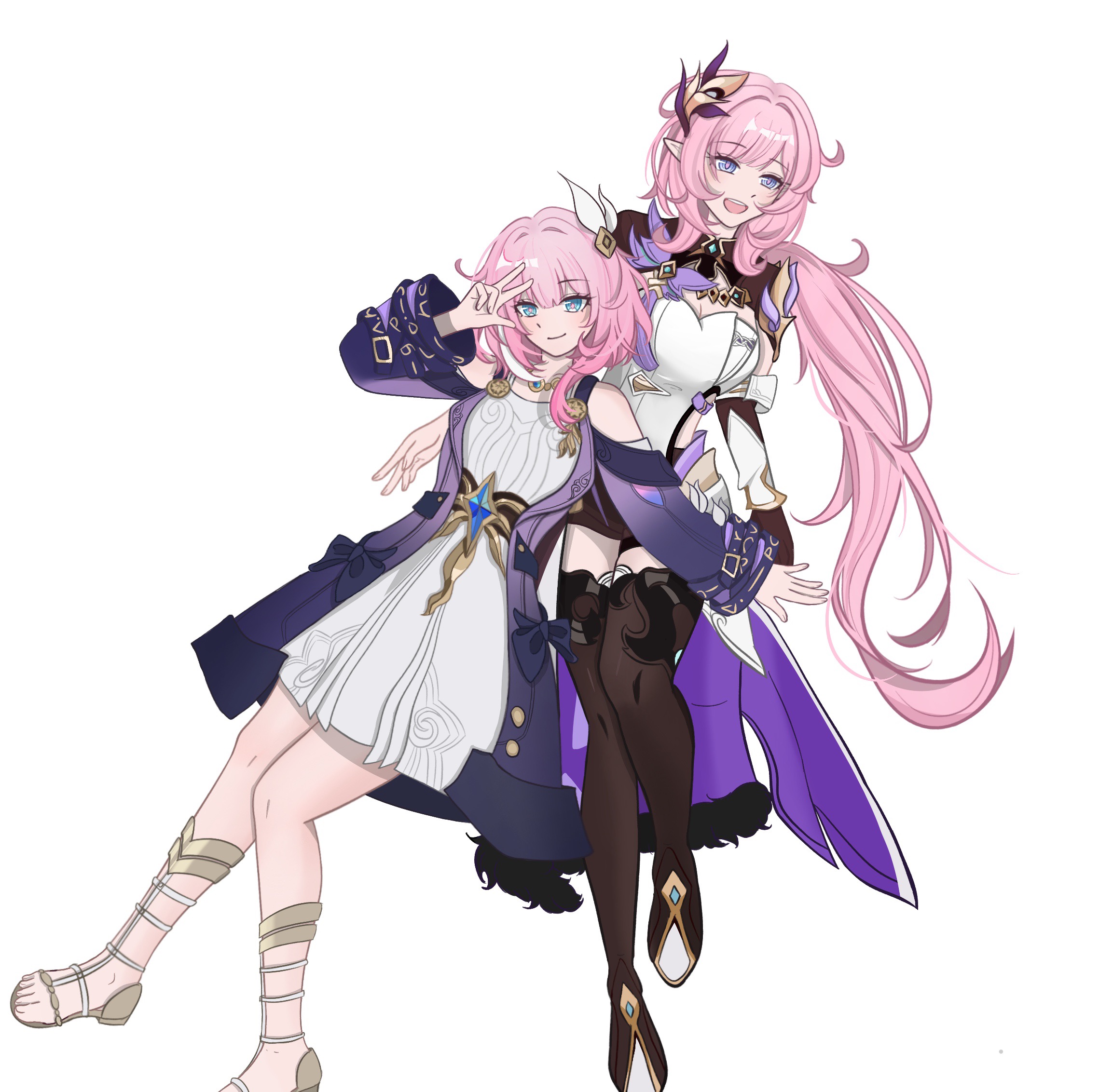 cyrene (honkai: star rail), elysia (honkai impact), elysia (miss pink elf) (honkai impact), inoue marina, honkai: star rail, honkai (series), honkai impact 3rd, chinese commentary, commentary request, highres, 2girls, black boots, black shorts, blue eyes, boots, breasts, cleavage, coat, company connection, corset, cyrene (aedes elysiae) (honkai: star rail), dress, elf, hair ornament, jewelry, large breasts, long hair, multicolored hair, multiple girls, necklace, open mouth, pointy ears, purple coat, sandals, short hair, short shorts, shorts, shrug (clothing), simple background, small breasts, smile, thighs, toes, two-tone hair, very long hair, voice actor connection, white background, white corset, white dress, white hair, yanning, yuebing17241