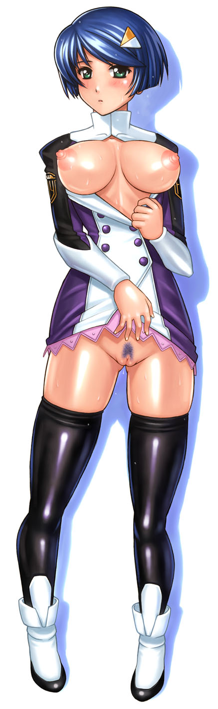 yasuomi, scheris adjani, scryed, highres, long image, tall image, 00s, 1girl, blush, breasts, cleft of venus, female focus, female pubic hair, large breasts, latex, nipples, no panties, pubic hair, puffy nipples, pussy, solo, thighhighs, uncensored