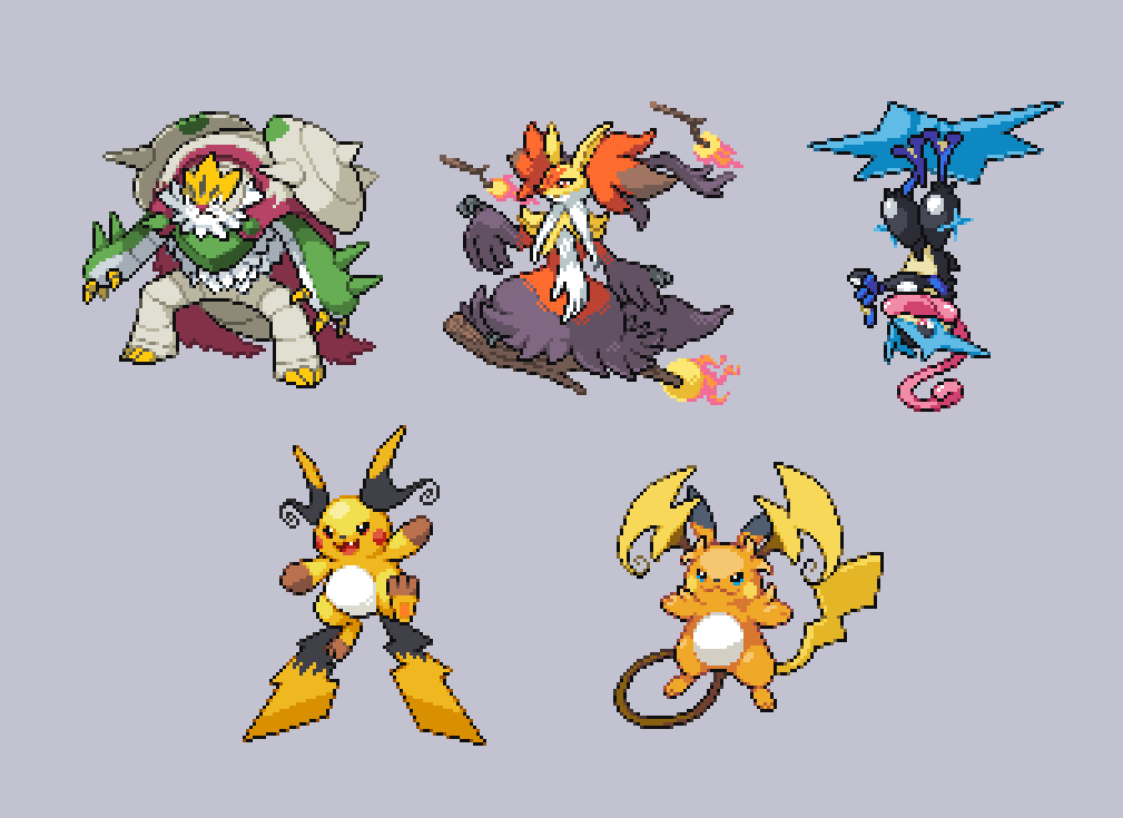 onigashira ginkaku, chesnaught, delphox, greninja, mega chesnaught, mega delphox, mega greninja, mega raichu x, mega raichu y, raichu, nintendo, pokemon, pokemon legends: z-a, armor, artist name, broom, broom surfing, cape, fire, fox, frog, full body, gen 1 pokemon, gen 6 pokemon, green eyes, grey background, kuji-in, long tongue, mega pokemon, no humans, pixel art, pokemon (creature), red cape, shoulder armor, shuriken, simple background, spikes, standing, tongue, upside-down, weapon, witch