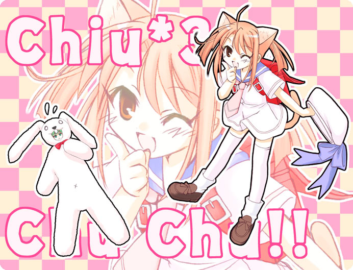yuuma (omaeno meinichi), hasegawa chisame, karakuri chachamaru, mahou sensei negima!, 00s, 2girls, ;d, ahoge, animal ears, backpack, bag, brown eyes, brown hair, cat ears, cat tail, checkered background, green eyes, green hair, long hair, multiple girls, one eye closed, open mouth, rabbit, randoseru, ribbon, robot ears, school uniform, smile, sweatdrop, tail, thighhighs, zoom layer
