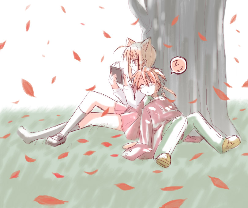 yuuma (omaeno meinichi), hasegawa chisame, negi springfield, mahou sensei negima!, 00s, 1boy, 1girl, animal ears, book, brown hair, cat ears, extra ears, glasses, long hair, pince-nez, red hair, short hair, skirt, sleeping, teenage girl and younger boy, tree