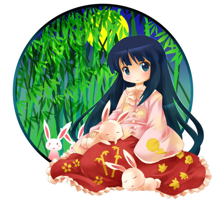 michii yuuki, houraisan kaguya, touhou, 1girl, black hair, female focus, long hair, outdoors, plant, rabbit, ribbon, sitting, sky, solo