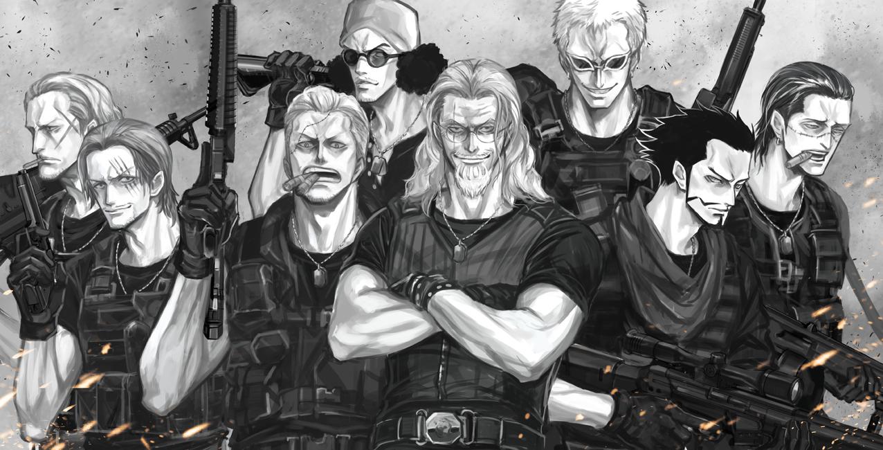 arisue kanako, aokiji (one piece), benn beckman, crocodile (one piece), donquixote doflamingo, dracule mihawk, shanks (one piece), silvers rayleigh, smoker (one piece), one piece, commentary request, 6+boys, beard, cigar, crossed arms, embers, facial hair, glasses, gloves, greyscale, gun, hair slicked back, holding, holding gun, holding weapon, jewelry, male focus, monochrome, multiple boys, mustache, necklace, scar, scar across eye, scar on face, short hair, smile, stitched face, stitches, sunglasses, undercut, upper body, weapon