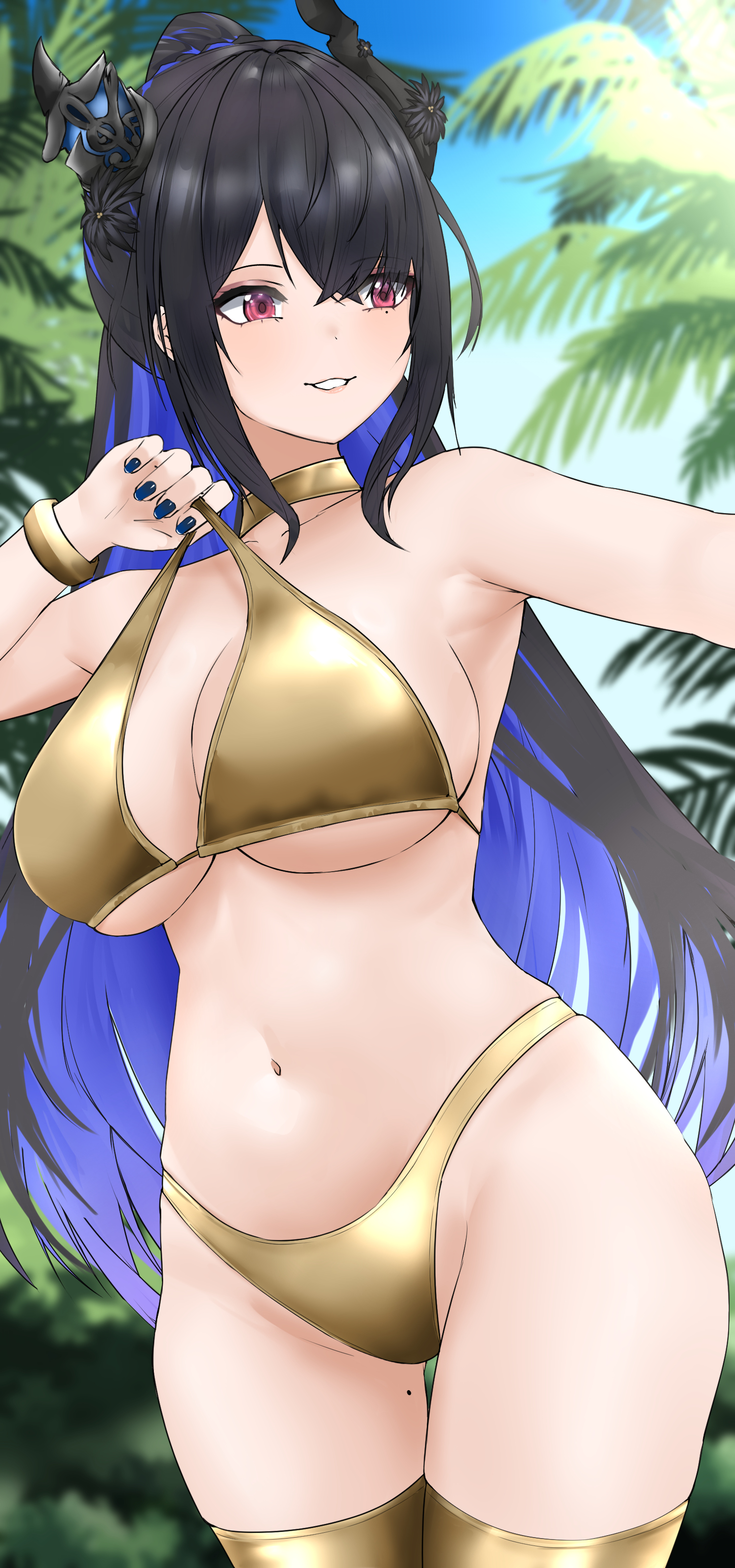 aidoruhakase, nerissa ravencroft, hololive, hololive english, absurdres, highres, 1girl, bikini, black hair, blue hair, blue nails, blue sky, breasts, cleavage, day, demon horns, gold bikini, gold choker, gold thighhighs, grin, high ponytail, horns, large breasts, mole, mole on thigh, mole under eye, multicolored hair, navel, outdoors, ponytail, red eyes, sky, smile, solo, stomach, swimsuit, thigh gap, thighhighs, two-tone hair, virtual youtuber