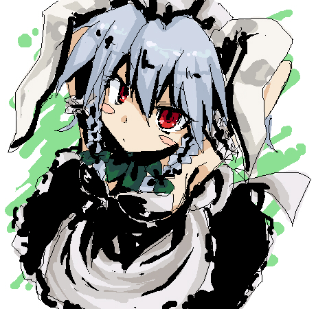 niji (nijioki), izayoi sakuya, touhou, silver hair, bad id, bad pixiv id, lowres, 1girl, animal ears, braid, female focus, rabbit ears, red eyes, short hair, solo, twin braids