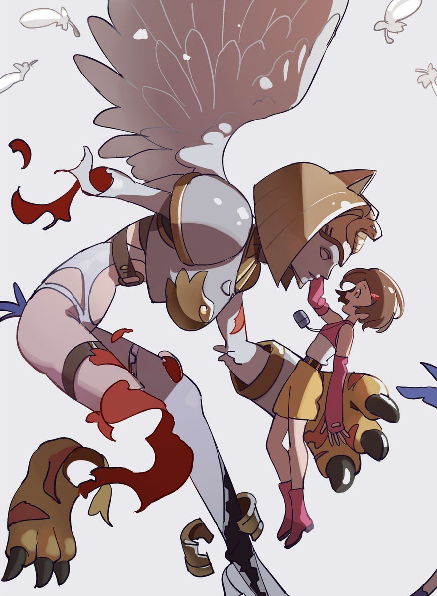 futa yuri ryona, angewomon, nefertimon, yagami hikari, digimon, digimon adventure 02, highres, 2girls, armor, bare shoulders, bodysuit, breasts, brown hair, feathered wings, feathers, fusion, grey background, large breasts, multiple girls, pink shirt, shirt, short hair, shorts, simple background, two-tone shirt, white bodysuit, white feathers, white shirt, white wings, wings, yellow shorts