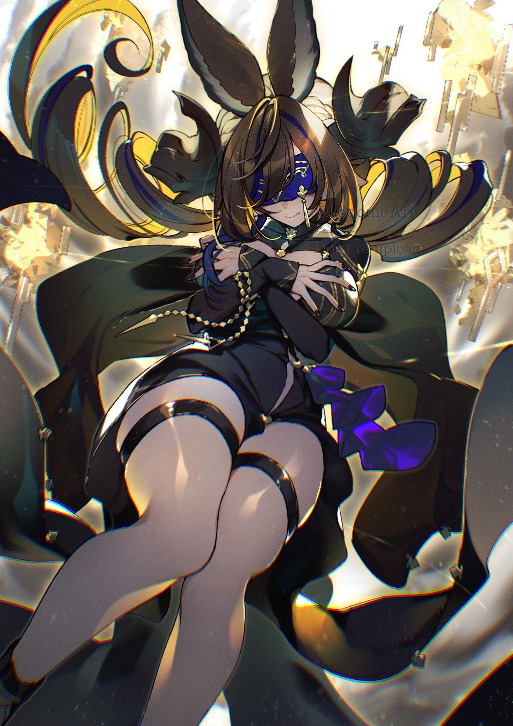 kogome (azalea4), galleon (granblue fantasy), galleon (life's compassionate observer) (granblue fantasy), granblue fantasy, highres, 1girl, animal ears, black dress, blindfold, breasts, brown hair, cleavage cutout, closed mouth, clothing cutout, dress, extra ears, horns, large breasts, multicolored hair, official alternate costume, pointy ears, smile, solo, streaked hair, thigh strap