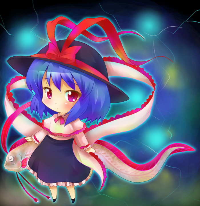 michii yuuki, nagae iku, touhou, bad id, bad pixiv id, 1girl, blue hair, chibi, female focus, fish, full body, gradient background, hat, oarfish, red eyes, solo, standing