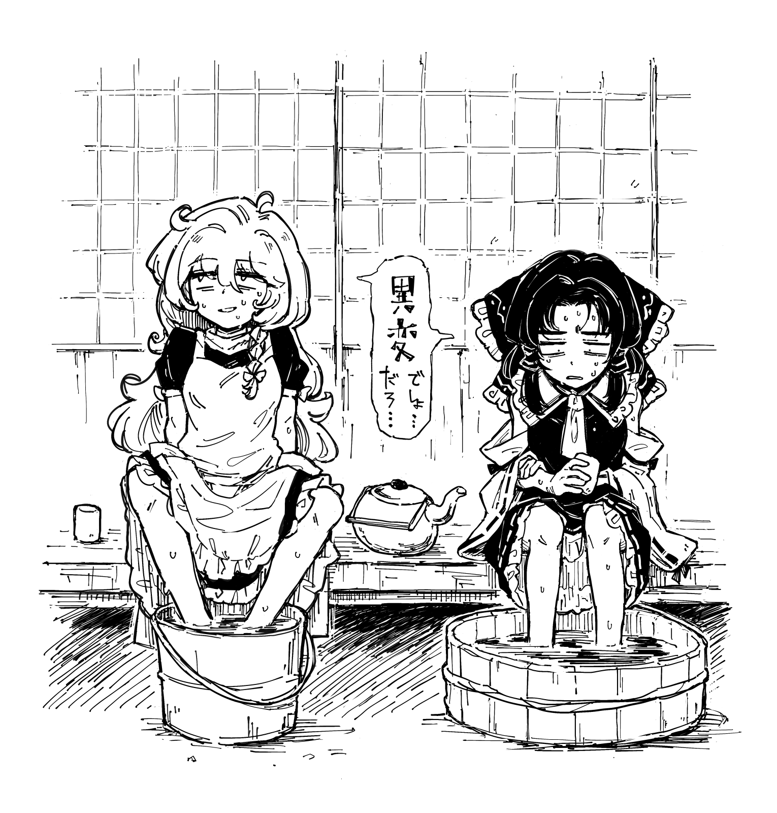 maguro (mawaru sushi), hakurei reimu, kirisame marisa, touhou, commentary request, highres, translation request, 2girls, apron, ascot, bare shoulders, basin, basket, black hair, blonde hair, bow, braid, cup, detached sleeves, greyscale, hair bow, hair tubes, holding, holding cup, long hair, medium hair, monochrome, multiple girls, no headwear, shirt, short sleeves, sitting, skirt, sliding doors, soaking feet, speech bubble, sweat, sweatdrop, teapot, vest, wet