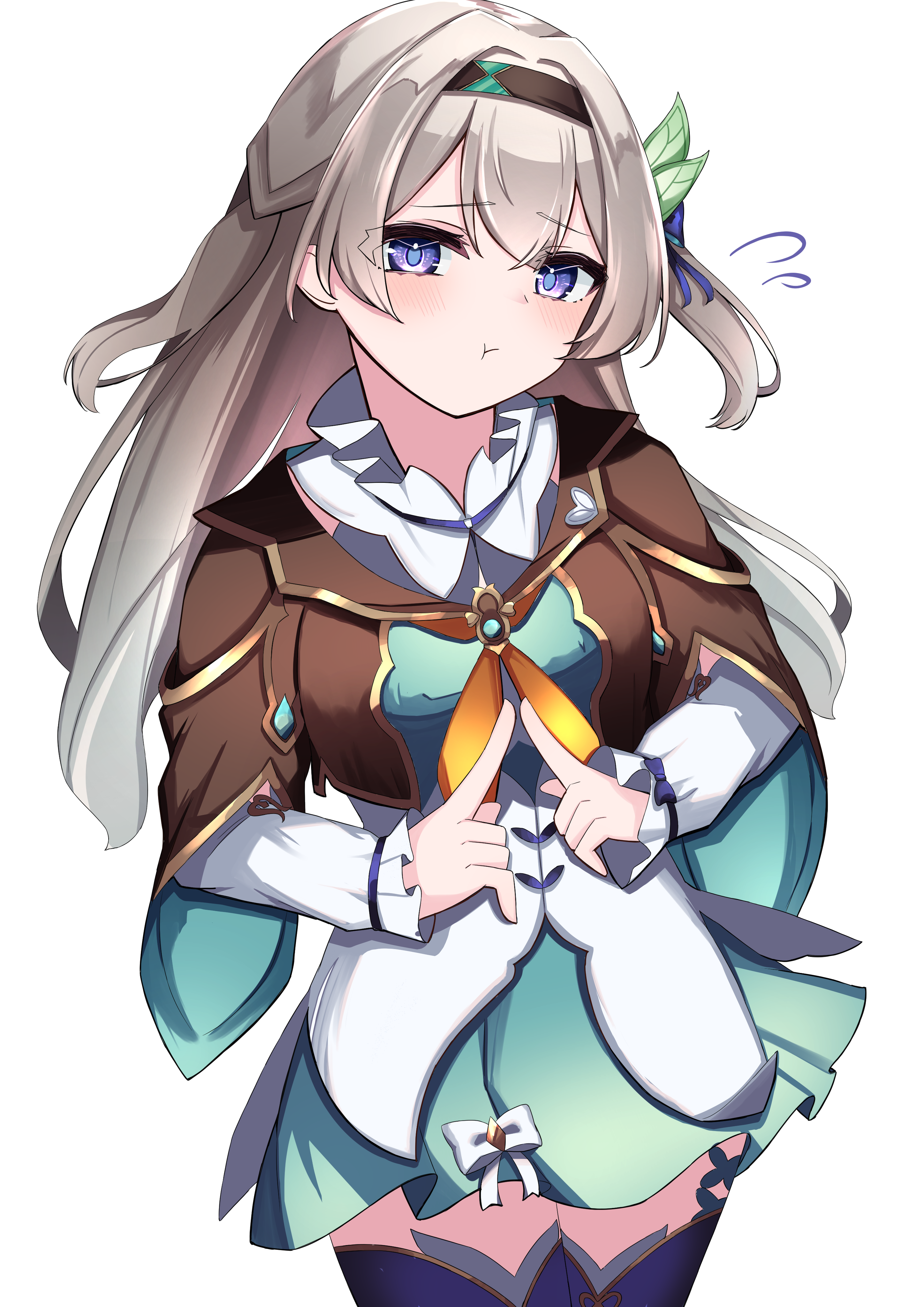 wakaraaan, firefly (honkai: star rail), honkai: star rail, honkai (series), absurdres, highres, 1girl, :t, black hairband, black jacket, black thighhighs, closed mouth, dress, grey hair, hair between eyes, hair ornament, hairband, jacket, long hair, long sleeves, looking at viewer, neckerchief, orange neckerchief, pout, purple eyes, simple background, solo, thighhighs, very long hair, white background, white dress, zettai ryouiki