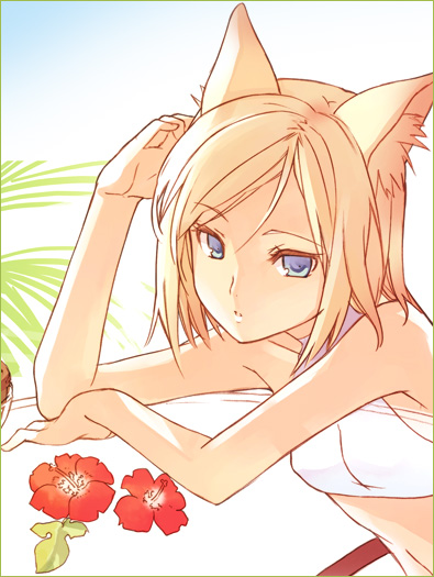 h2so4, 1girl, animal ears, bikini, blonde hair, blue eyes, expressionless, female focus, flower, fox ears, hibiscus, parted lips, short hair, solo, swimsuit, upper body, white bikini
